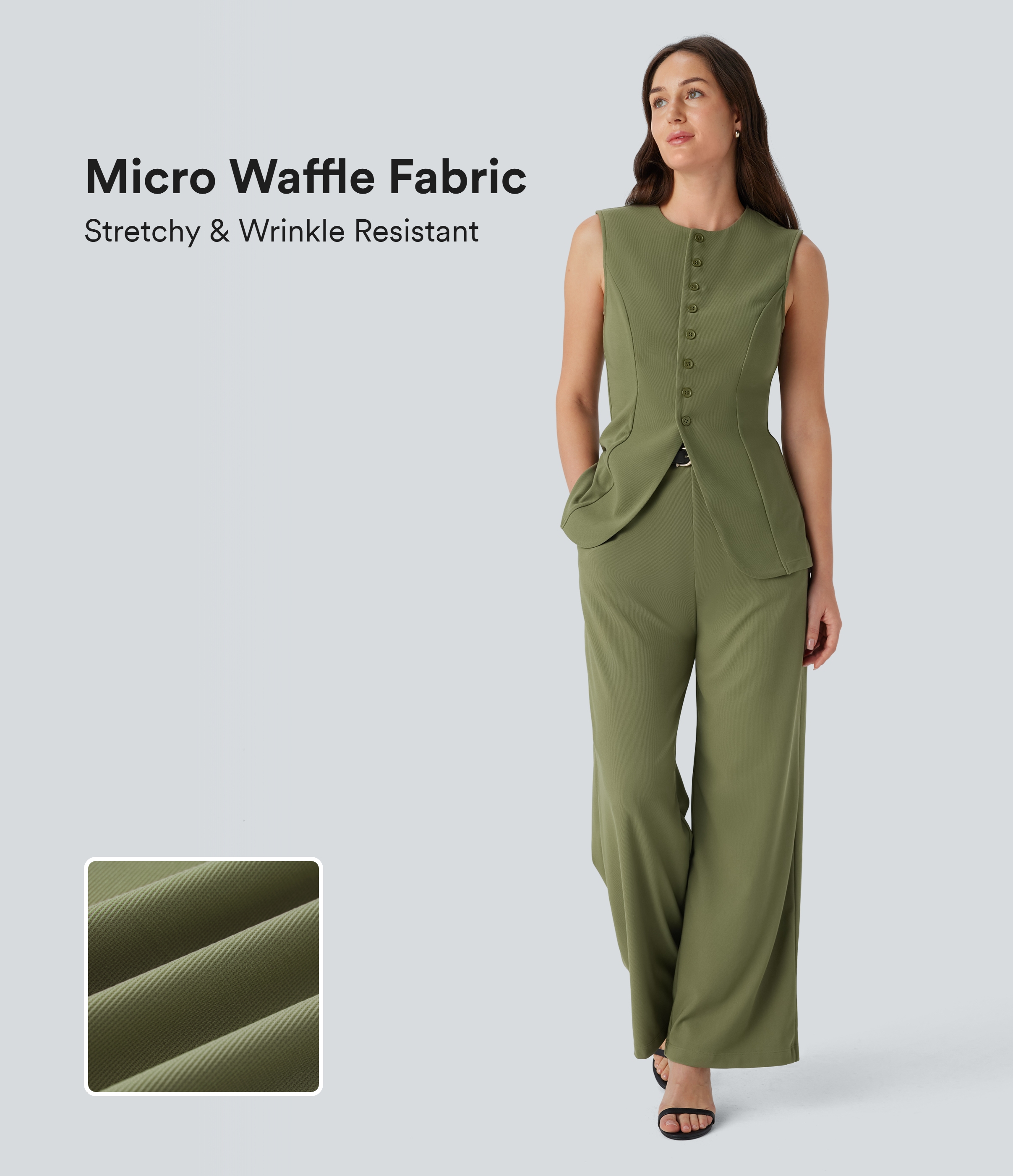 Halara Round Neck Sleeveless Button Fly Micro Waffle Work Vest Tank Top - Mosstone - XS golf tops halter top tunic tops sleeveless tops 