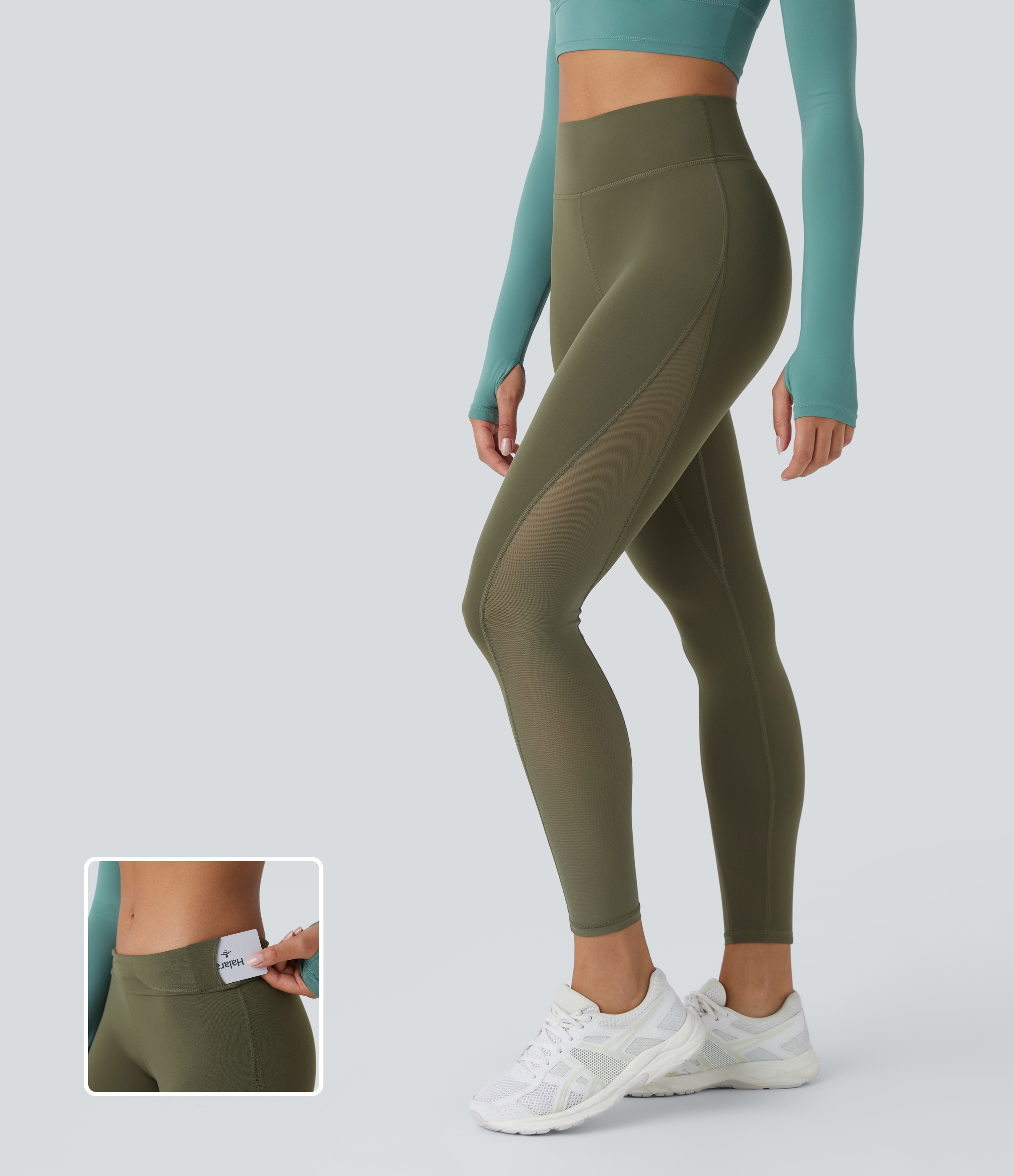Halara Softlyzeroв„ў High Waisted Inside Pocket Contrast Mesh 7/8 Yoga Leggings  - Grass Grey Green - XS(7/8) gym leggings 