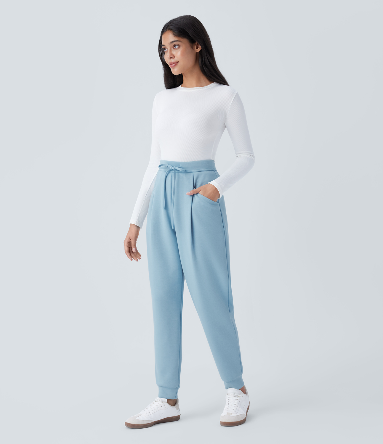 Halara High Waisted Drawstring Side Pocket Casual Joggers  - Light Foggy Blue - XL(regular) 