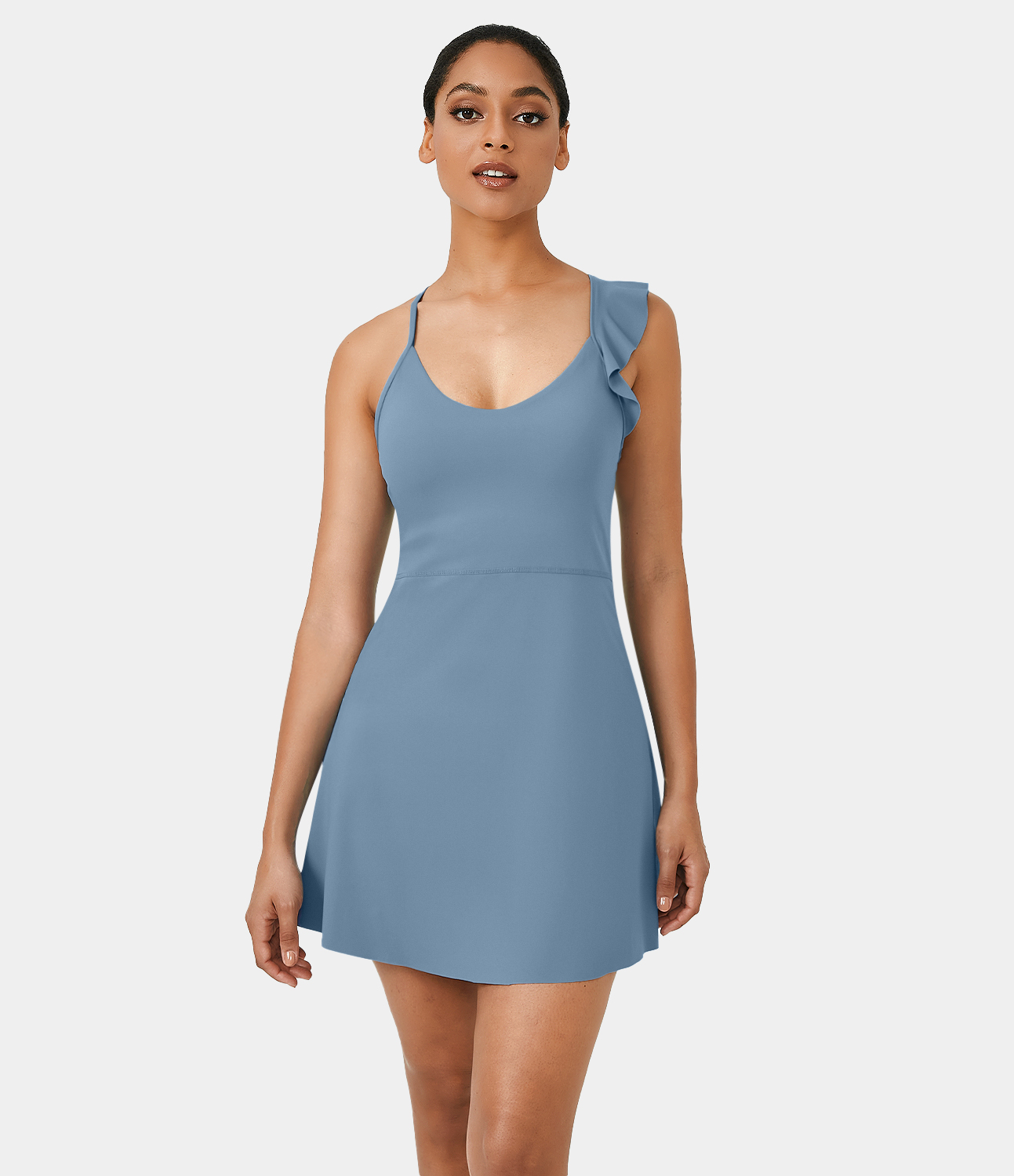 

Halara Softlyzeroв„ў Airy Ruffle Backless Crisscross 2-in-1 Pocket Cool Touch Mini Yoga Active Dress-UPF50+ Workout Dress - Blue Shadow