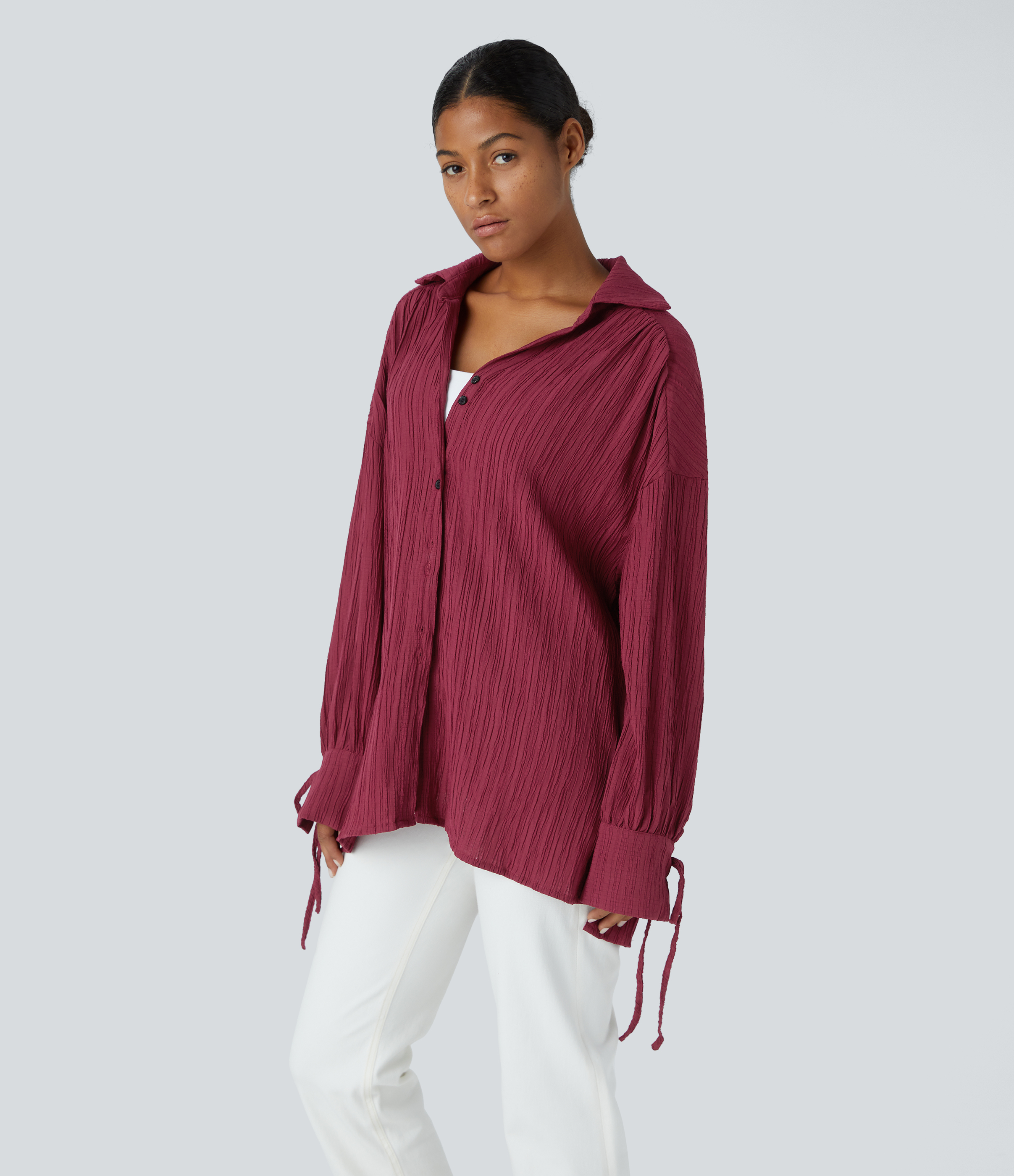 Halara Collared Knot Cuff Plicated Back Button Front Oversize Casual Shirt  - Syrah - XL 