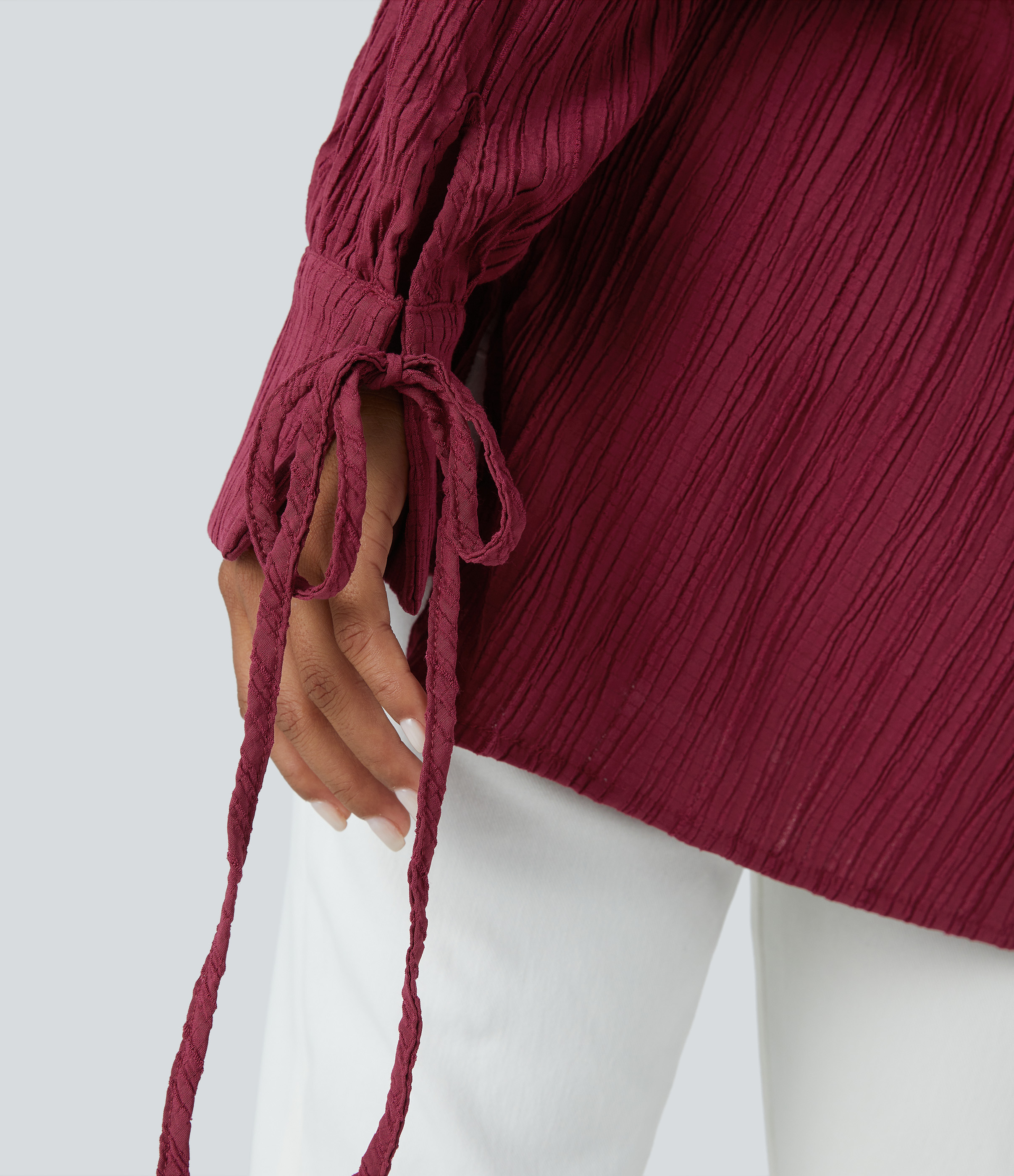 Halara Collared Knot Cuff Plicated Back Button Front Oversize Casual Shirt  - Syrah - XL 