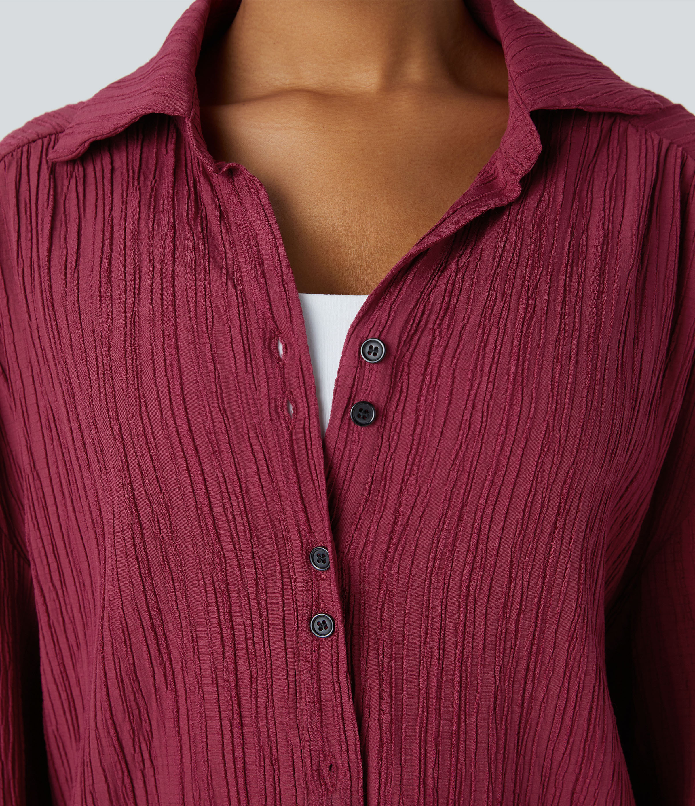 Halara Collared Knot Cuff Plicated Back Button Front Oversize Casual Shirt  - Syrah - XL 