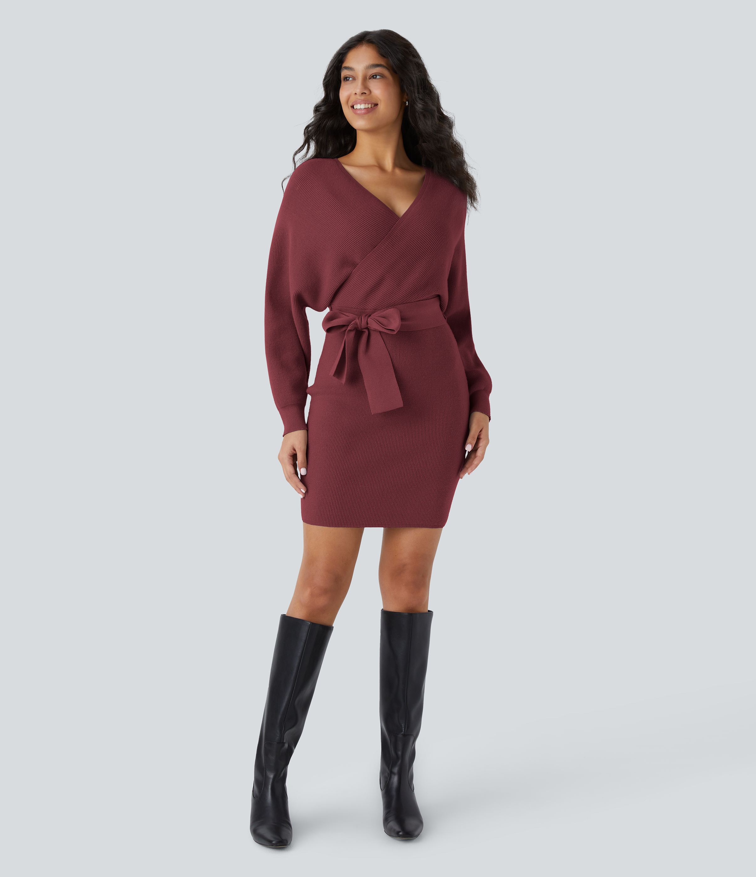 Halara Crossover V Neck  Batwing Long Sleeve Belted Mini Casual Sweater Dress  - Red Violet - XS 