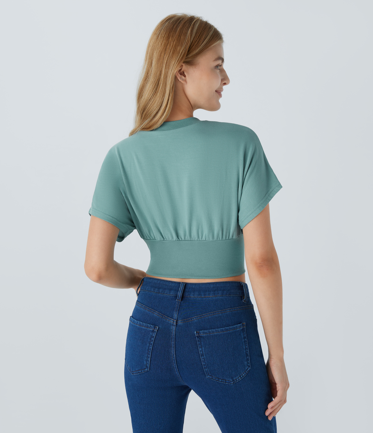 Halara Round Neck Batwing Sleeve Cropped Casual Top Tank Top - Aquifer - S golf tops halter top tunic tops sleeveless tops backless top 