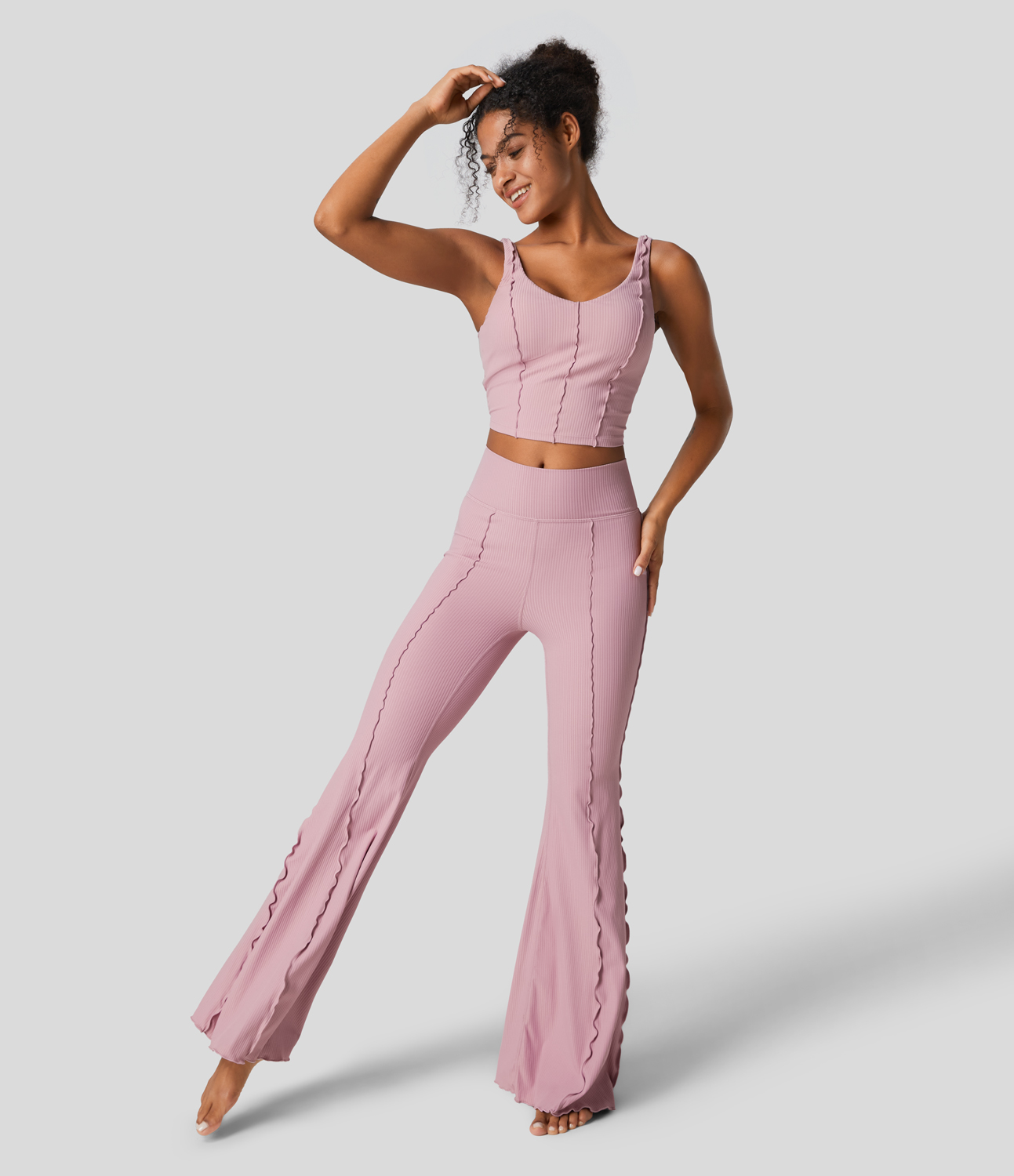 Halara Ribbed Backless Lettuce Trim Cropped Yoga Tank Top Tank Top - Bleached Mauve - M golf tops halter top tunic tops sleeveless tops 