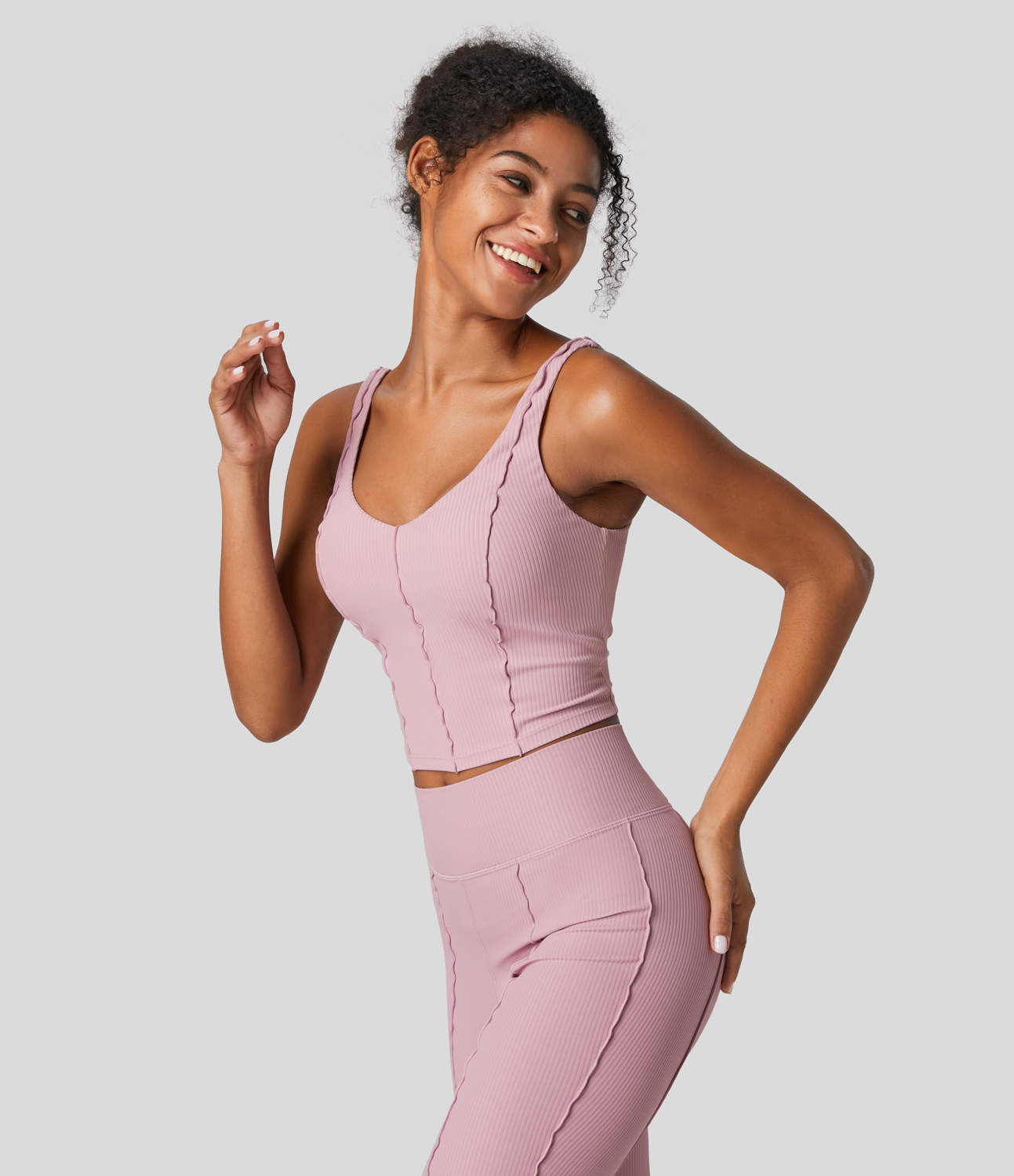 Halara Ribbed Backless Lettuce Trim Cropped Yoga Tank Top Tank Top - Bleached Mauve - M golf tops halter top tunic tops sleeveless tops 