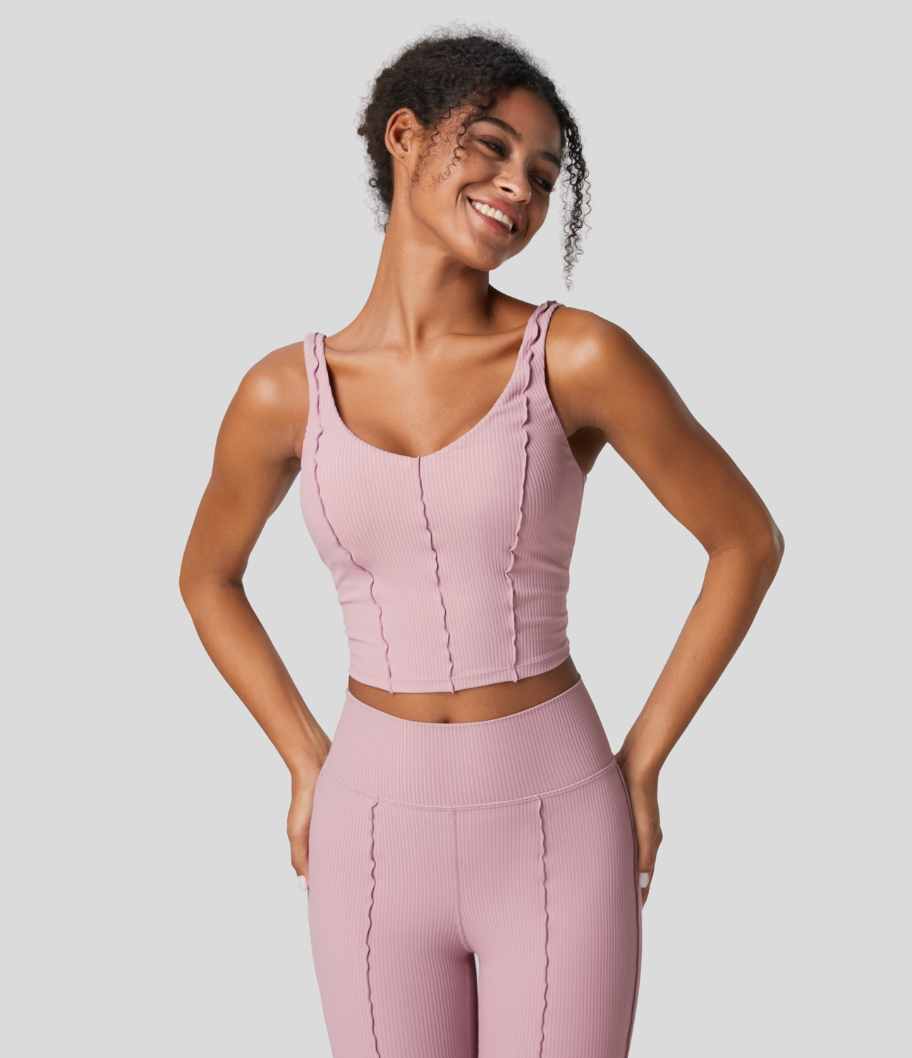 Halara Ribbed Backless Lettuce Trim Cropped Yoga Tank Top Tank Top - Bleached Mauve - M golf tops halter top tunic tops sleeveless tops 