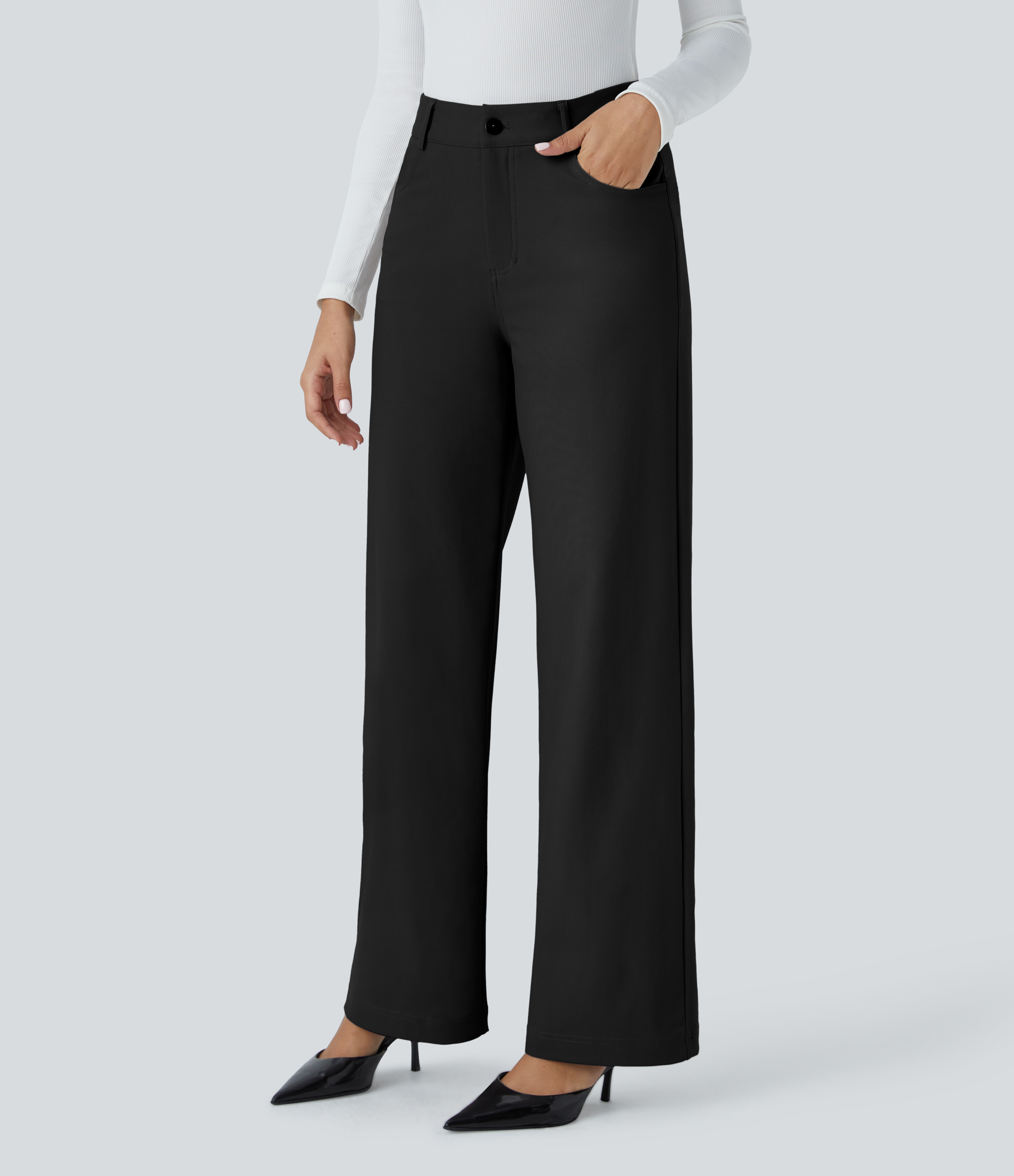 Halara Halara Flexв„ў High Waisted Button Zipper Multiple Pockets Straight Leg Twill Work Pants  - Black - S(regular) sweatpants jogger pants 