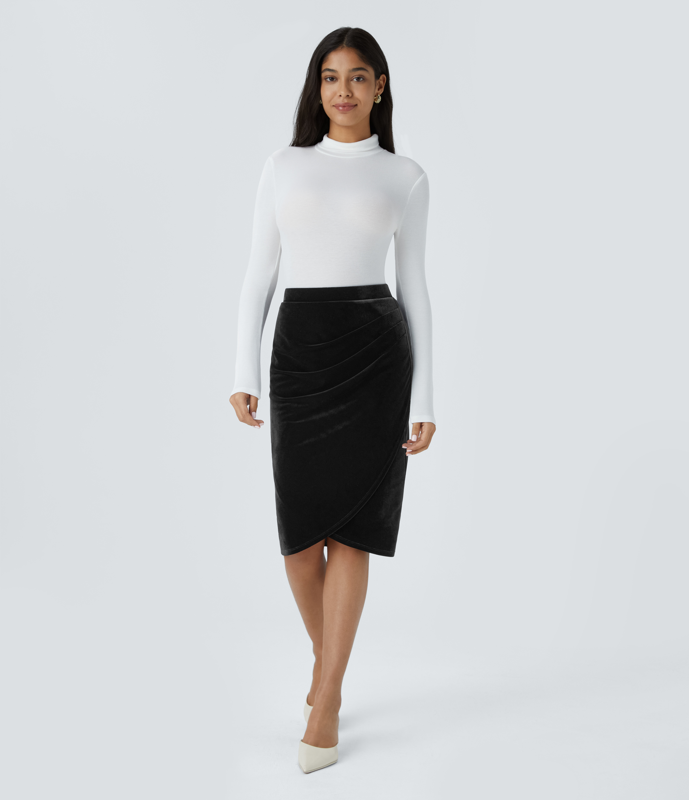 Halara High Waisted Ruched Tulip Hem Midi Velvet Work Skirt  - Black - XS(regular) 