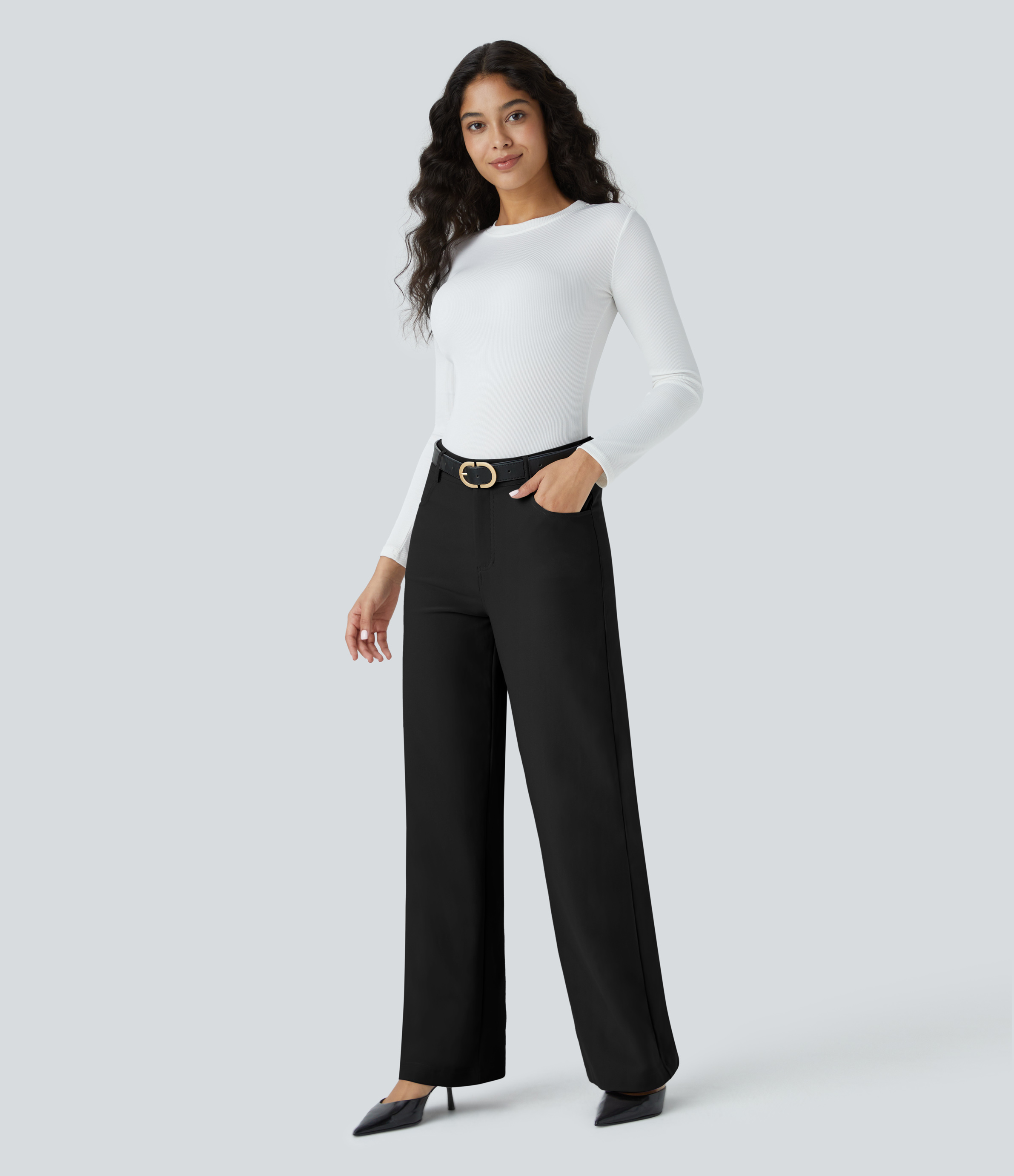Halara Halara Flexв„ў High Waisted Button Zipper Multiple Pockets Straight Leg Twill Work Pants  - Black - S(regular) sweatpants jogger pants 