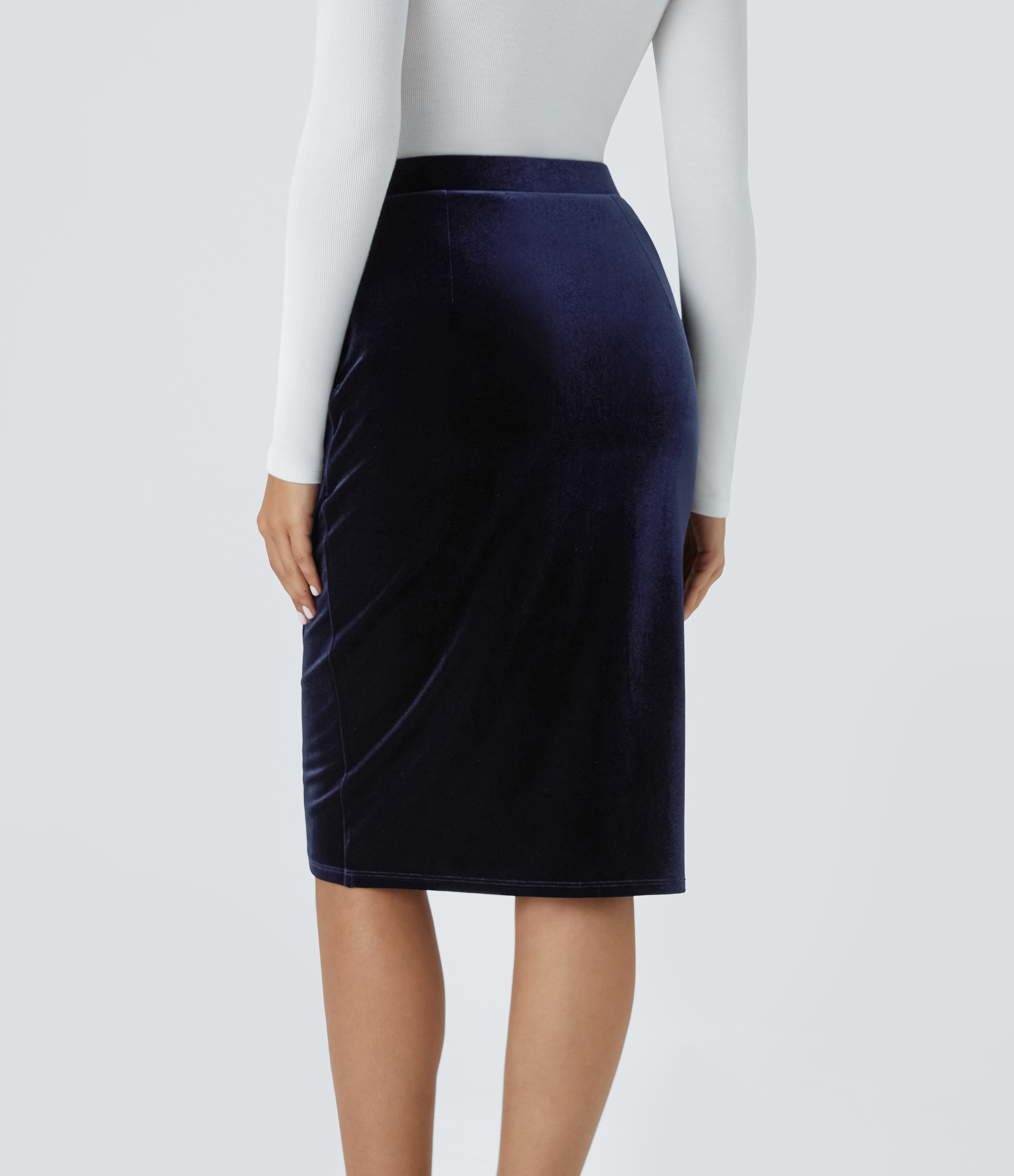 Halara High Waisted Ruched Tulip Hem Midi Velvet Work Skirt  - Deep Twilight - XS(regular) 