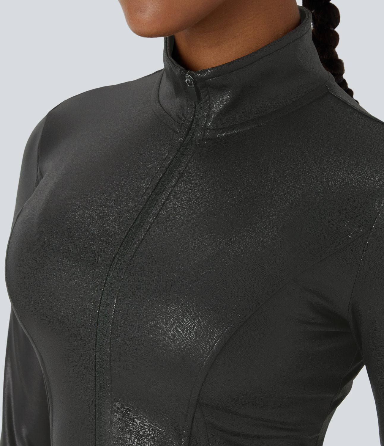 Halara Softlyzeroв„ў Faux Leather Mock Neck Full Zip Thumb Hole Foil Print Stretchy Casual Jacket  - Shiny Dusk Black - L 