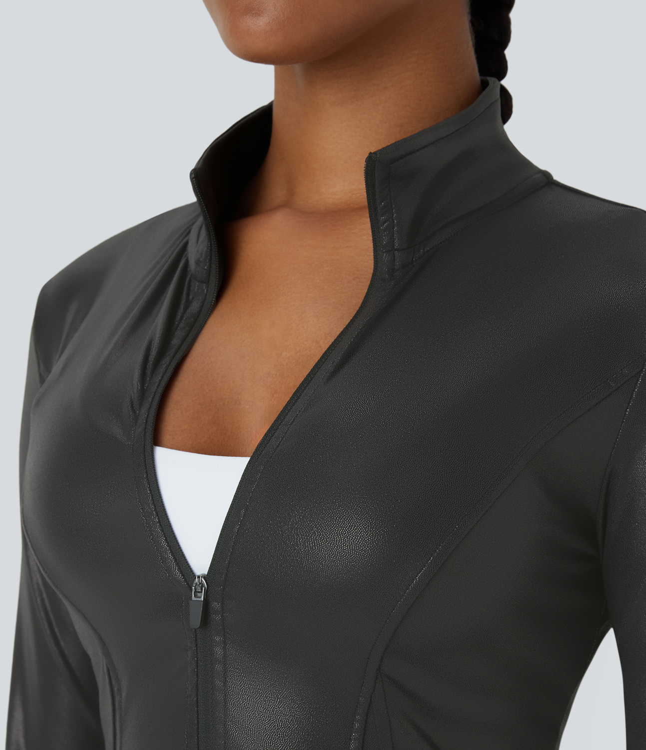 Halara Softlyzeroв„ў Faux Leather Mock Neck Full Zip Thumb Hole Foil Print Stretchy Casual Jacket  - Shiny Dusk Black - L 
