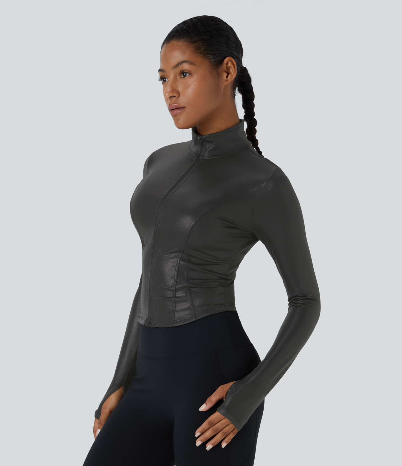 Halara Softlyzeroв„ў Faux Leather Mock Neck Full Zip Thumb Hole Foil Print Stretchy Casual Jacket  - Shiny Dusk Black - L 
