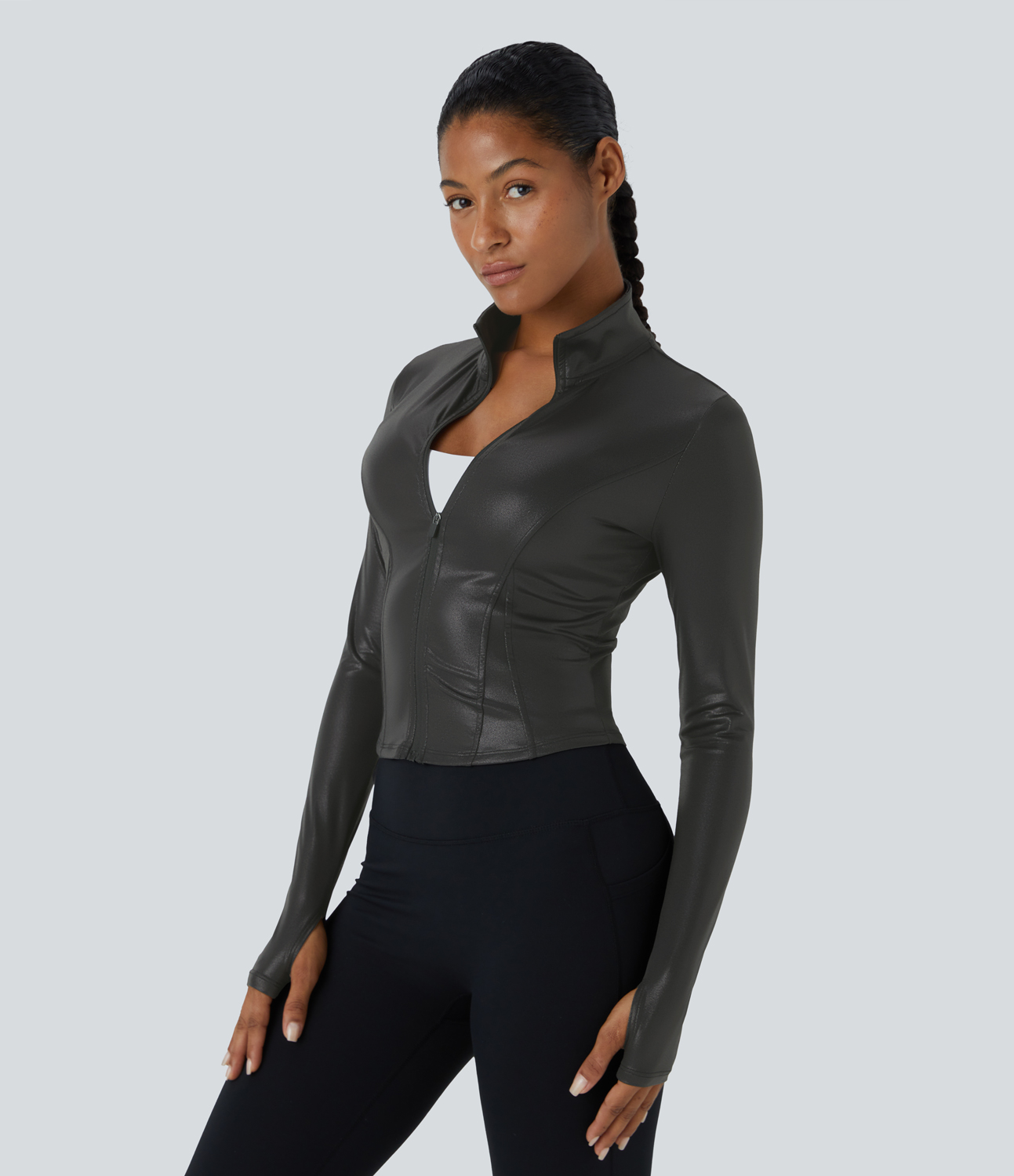 Halara Softlyzeroв„ў Faux Leather Mock Neck Full Zip Thumb Hole Foil Print Stretchy Casual Jacket  - Shiny Dusk Black - L 