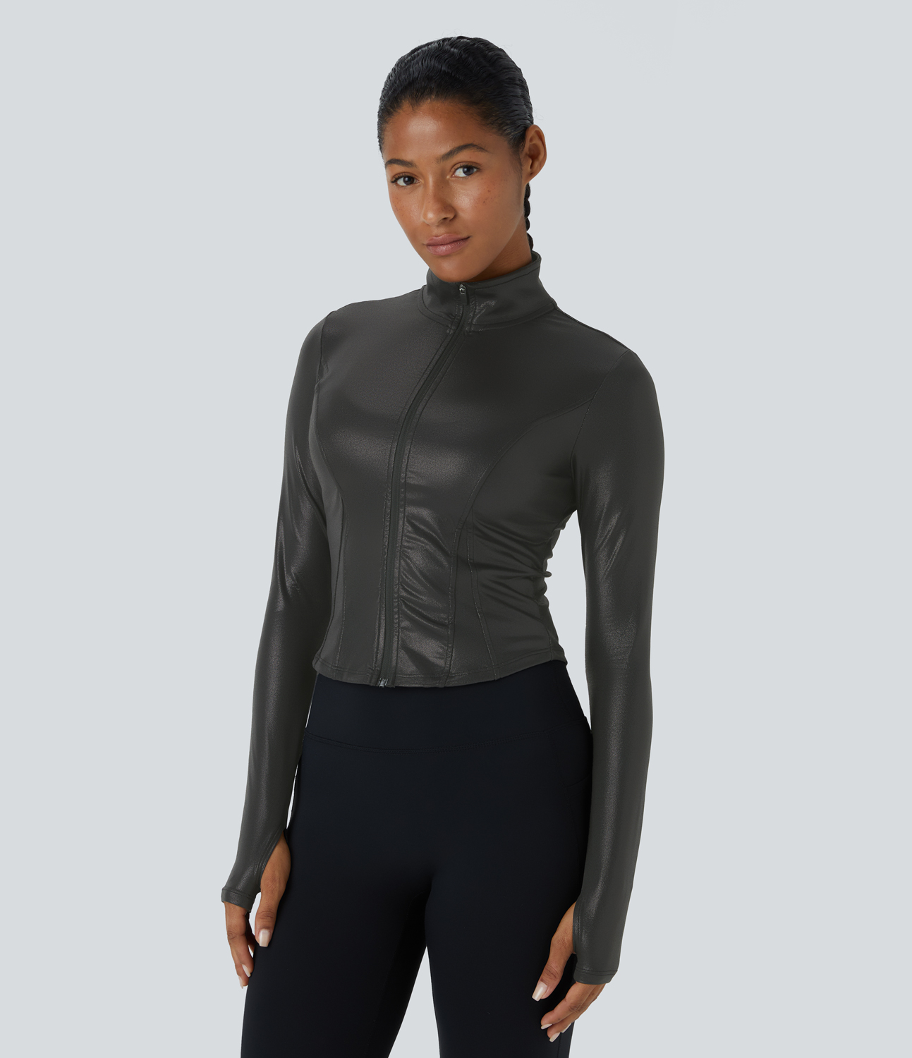 Halara Softlyzeroв„ў Faux Leather Mock Neck Full Zip Thumb Hole Foil Print Stretchy Casual Jacket  - Shiny Dusk Black - L 