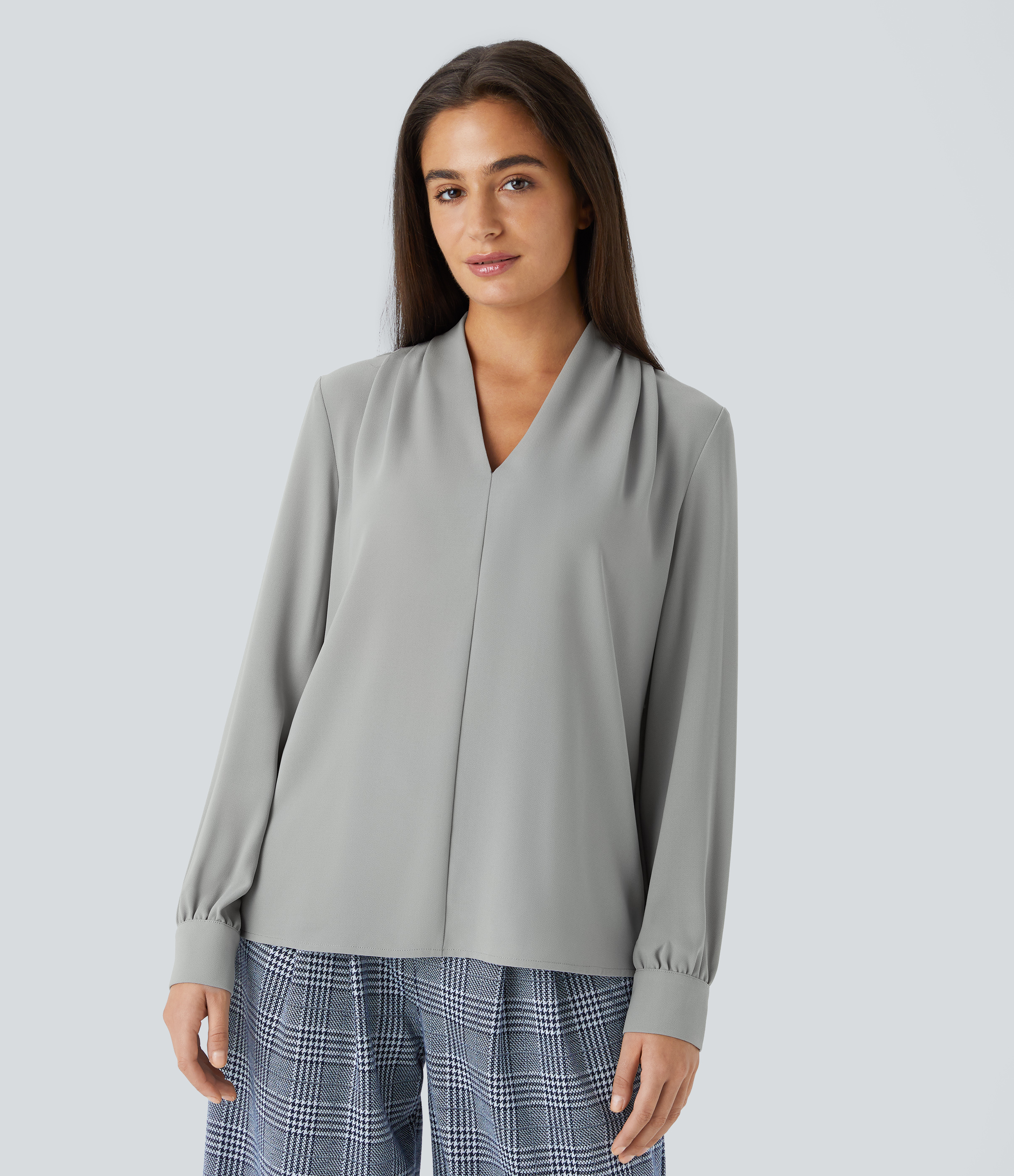 Halara V Neck Long Sleeve Work Blouse  - Mist Grey - S 
