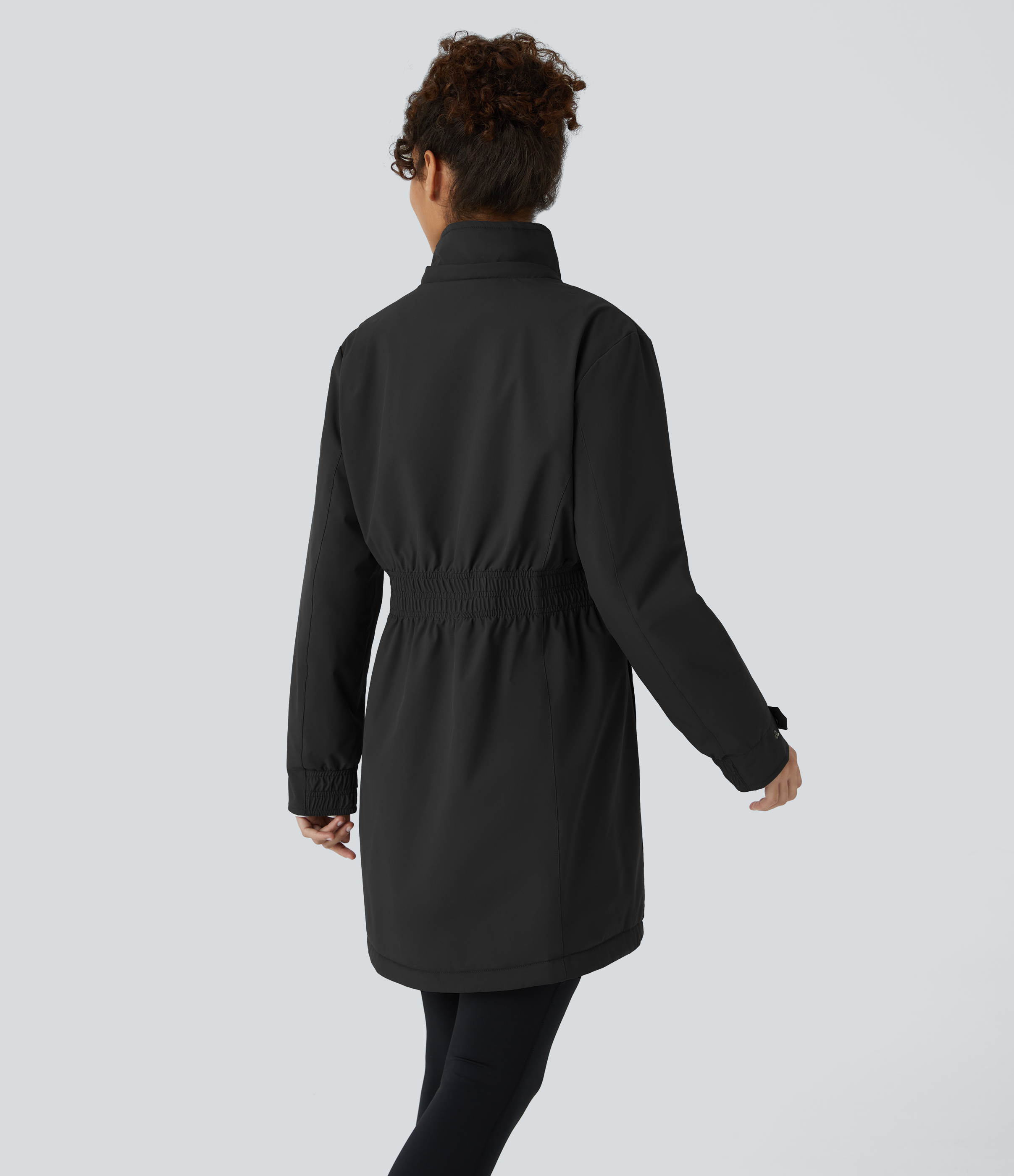 Halara Water Repellent Removable Hood Stand Collar Button Zipper Long Sleeve Side Pocket Longline Fleece Hiking Jacket  - Black - M 