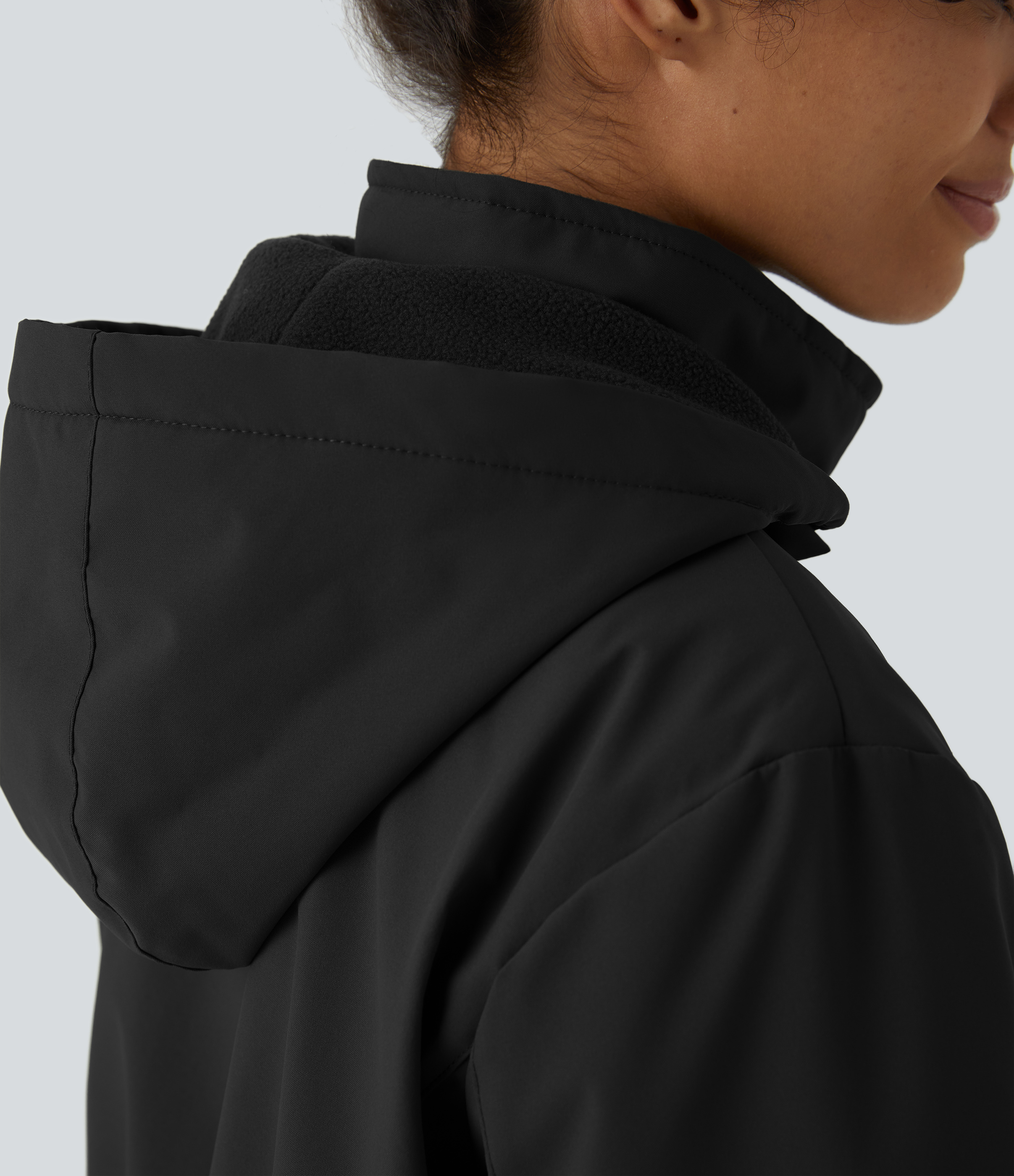Halara Water Repellent Removable Hood Stand Collar Button Zipper Long Sleeve Side Pocket Longline Fleece Hiking Jacket  - Black - M 