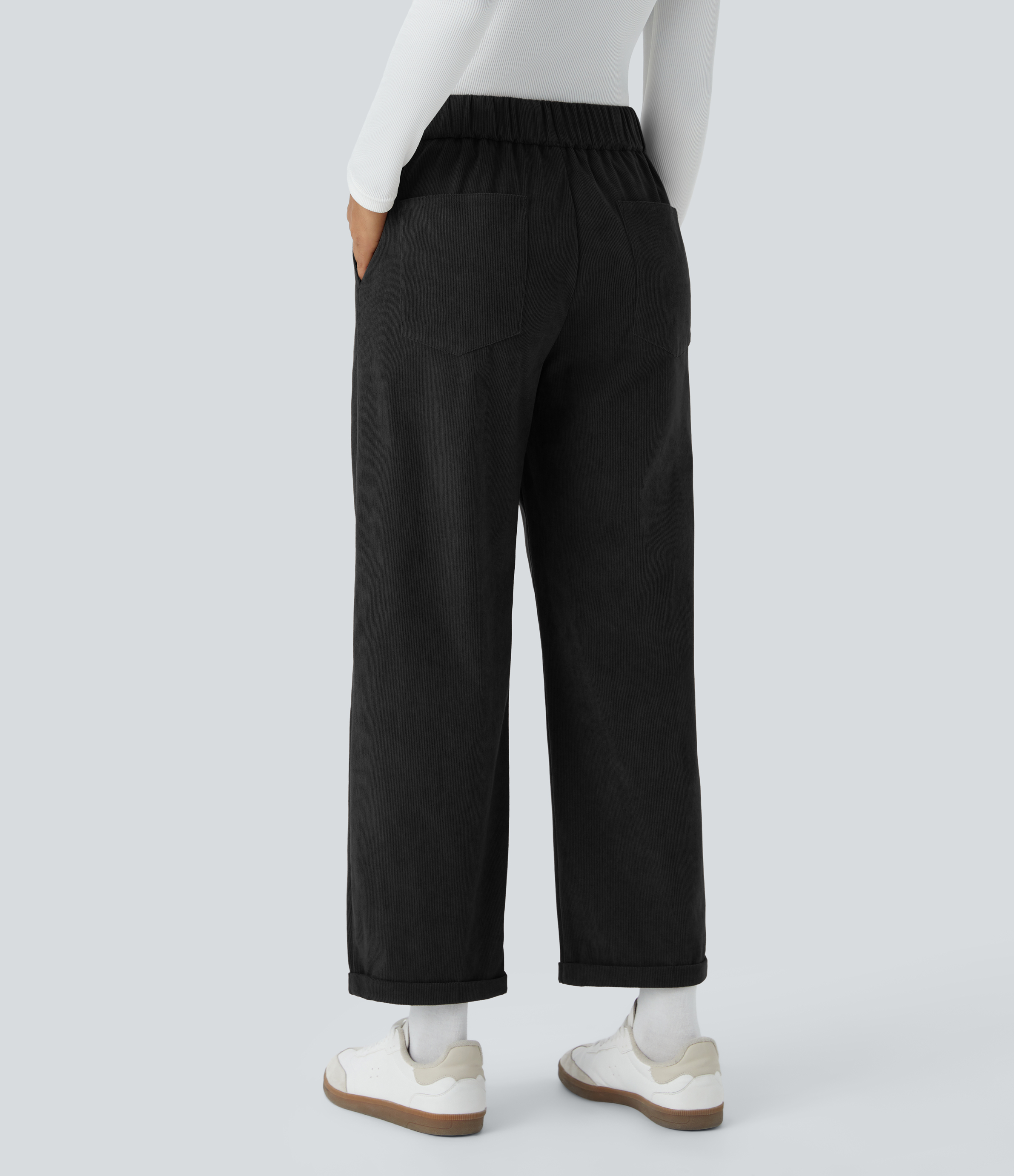 Halara Mid Rise Button Zipper Multiple Pockets Ankle Length Casual Corduroy Pants  - Black - M(regular) sweatpants jogger pants 