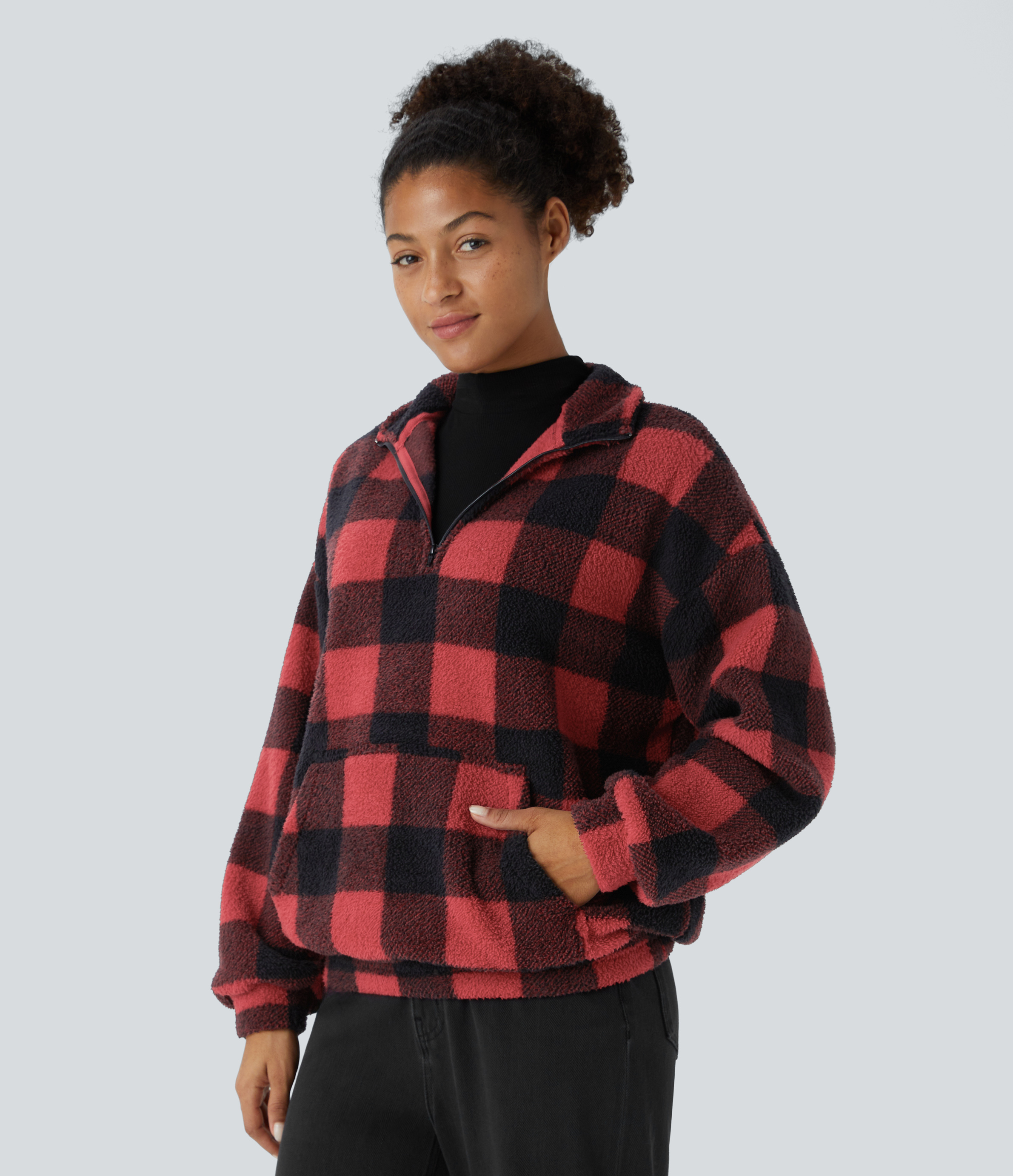 Halara Collared Half Zipper Dropped Shoulder Kangaroo Pocket Plaid Fleece Relaxed Casual Sweatshirt  - Falling Red Plaid - XS 
