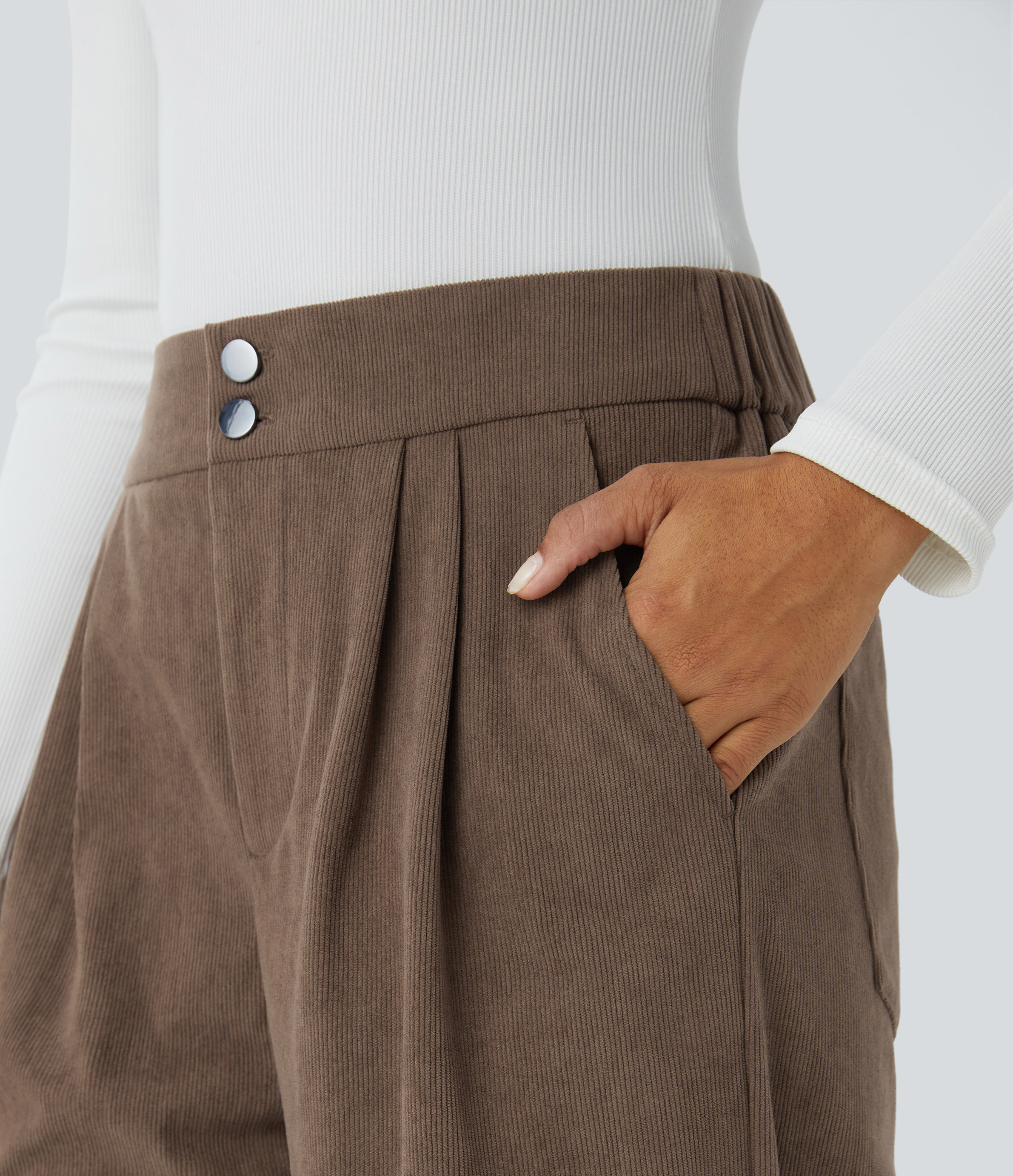Halara Mid Rise Button Zipper Multiple Pockets Ankle Length Casual Corduroy Pants  - Camellia Brown - XL(regular) sweatpants jogger pants 