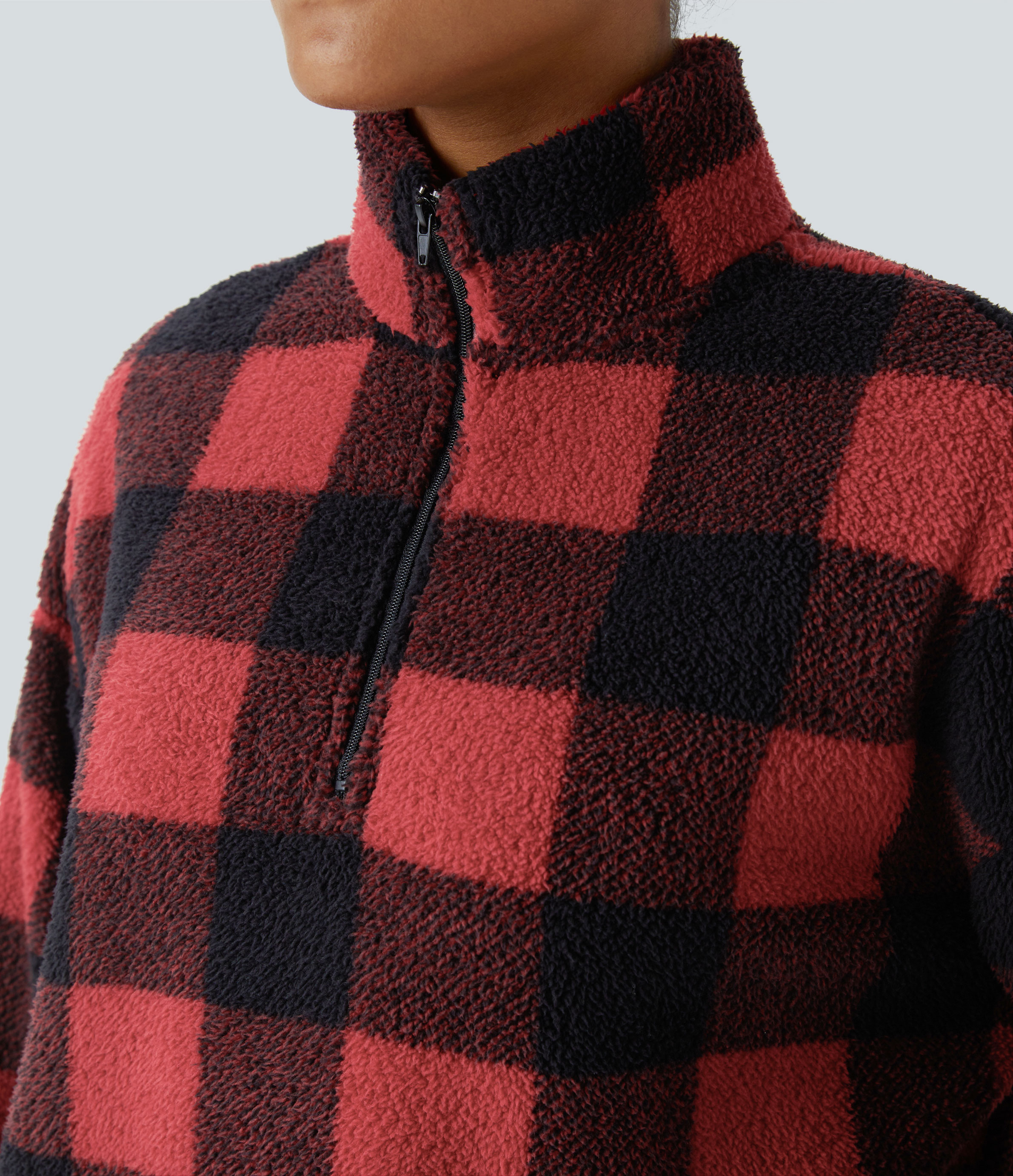 Halara Collared Half Zipper Dropped Shoulder Kangaroo Pocket Plaid Fleece Relaxed Casual Sweatshirt  - Falling Red Plaid - XS 