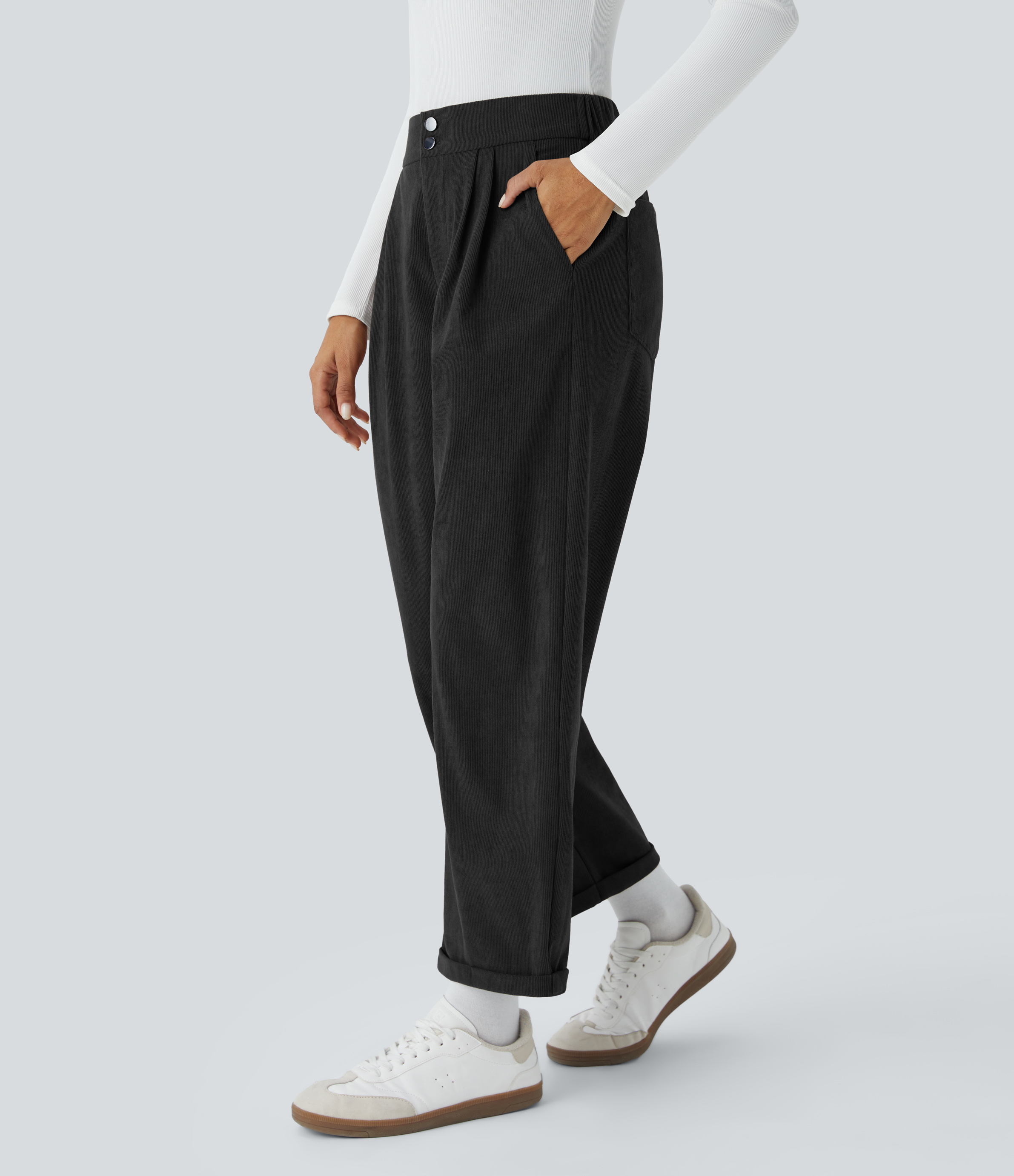 Halara Mid Rise Button Zipper Multiple Pockets Ankle Length Casual Corduroy Pants  - Black - M(regular) sweatpants jogger pants 