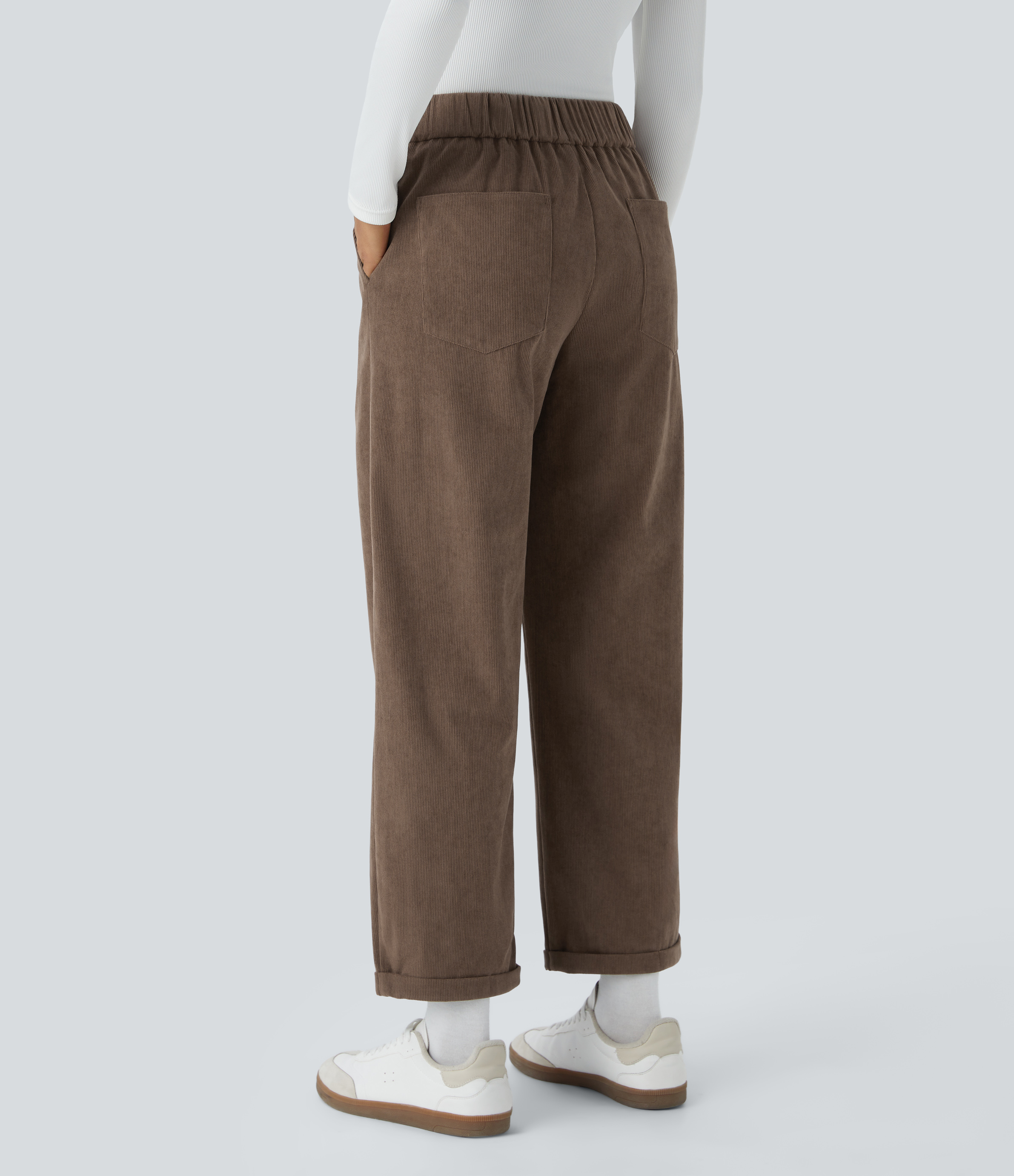 Halara Mid Rise Button Zipper Multiple Pockets Ankle Length Casual Corduroy Pants  - Camellia Brown - XL(regular) sweatpants jogger pants 