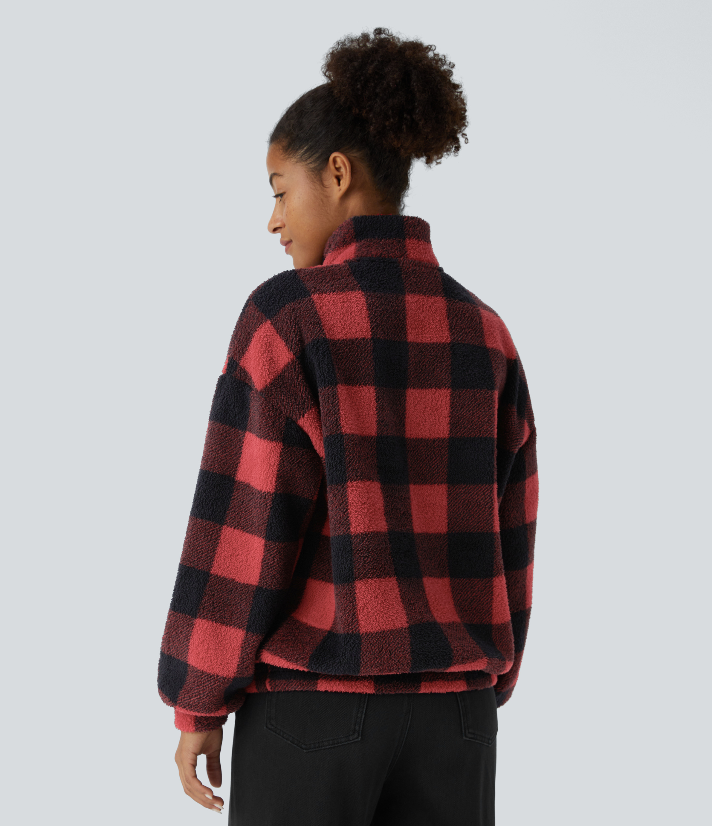Halara Collared Half Zipper Dropped Shoulder Kangaroo Pocket Plaid Fleece Relaxed Casual Sweatshirt  - Falling Red Plaid - XS 