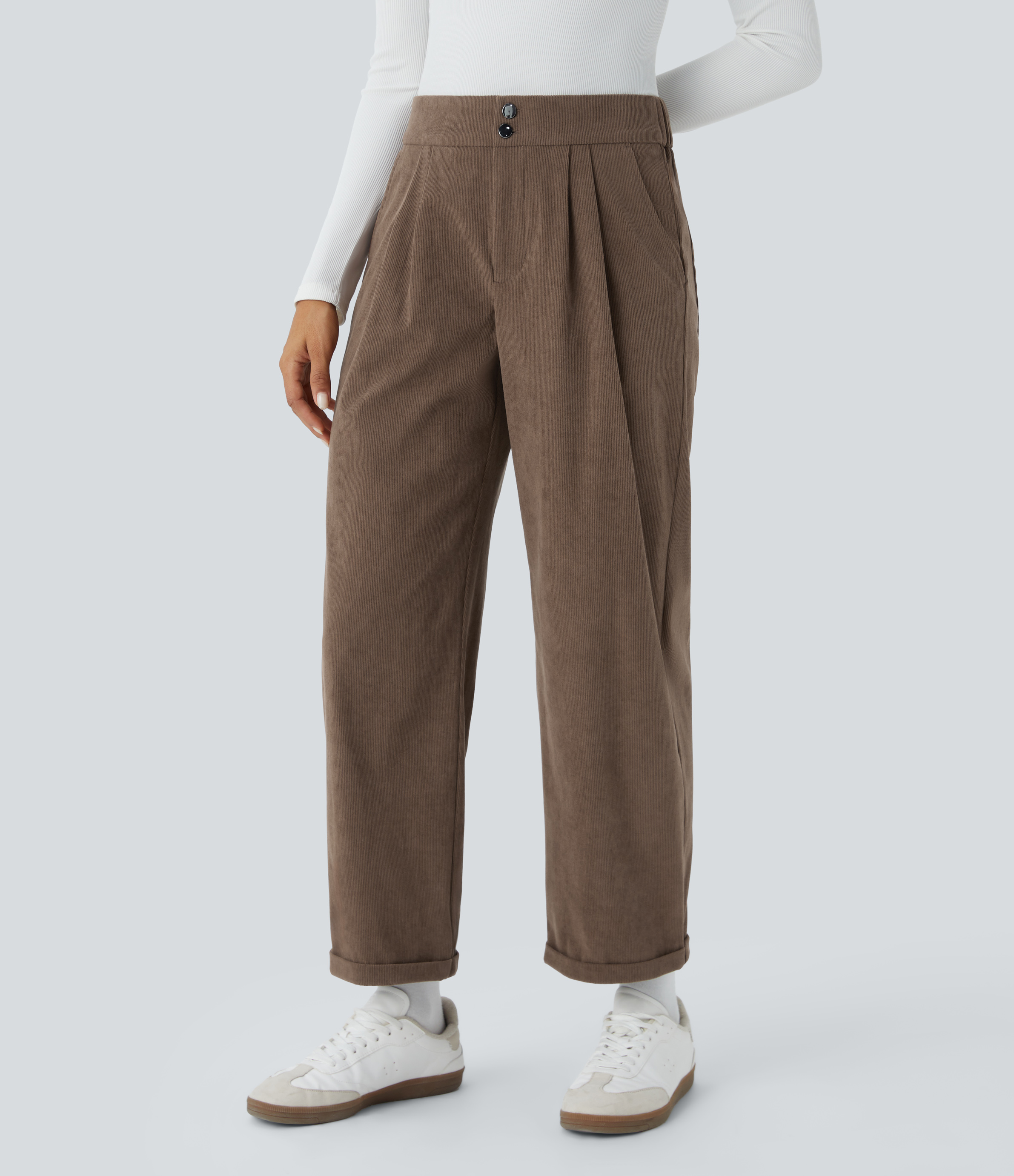 Halara Mid Rise Button Zipper Multiple Pockets Ankle Length Casual Corduroy Pants  - Camellia Brown - XL(regular) sweatpants jogger pants 