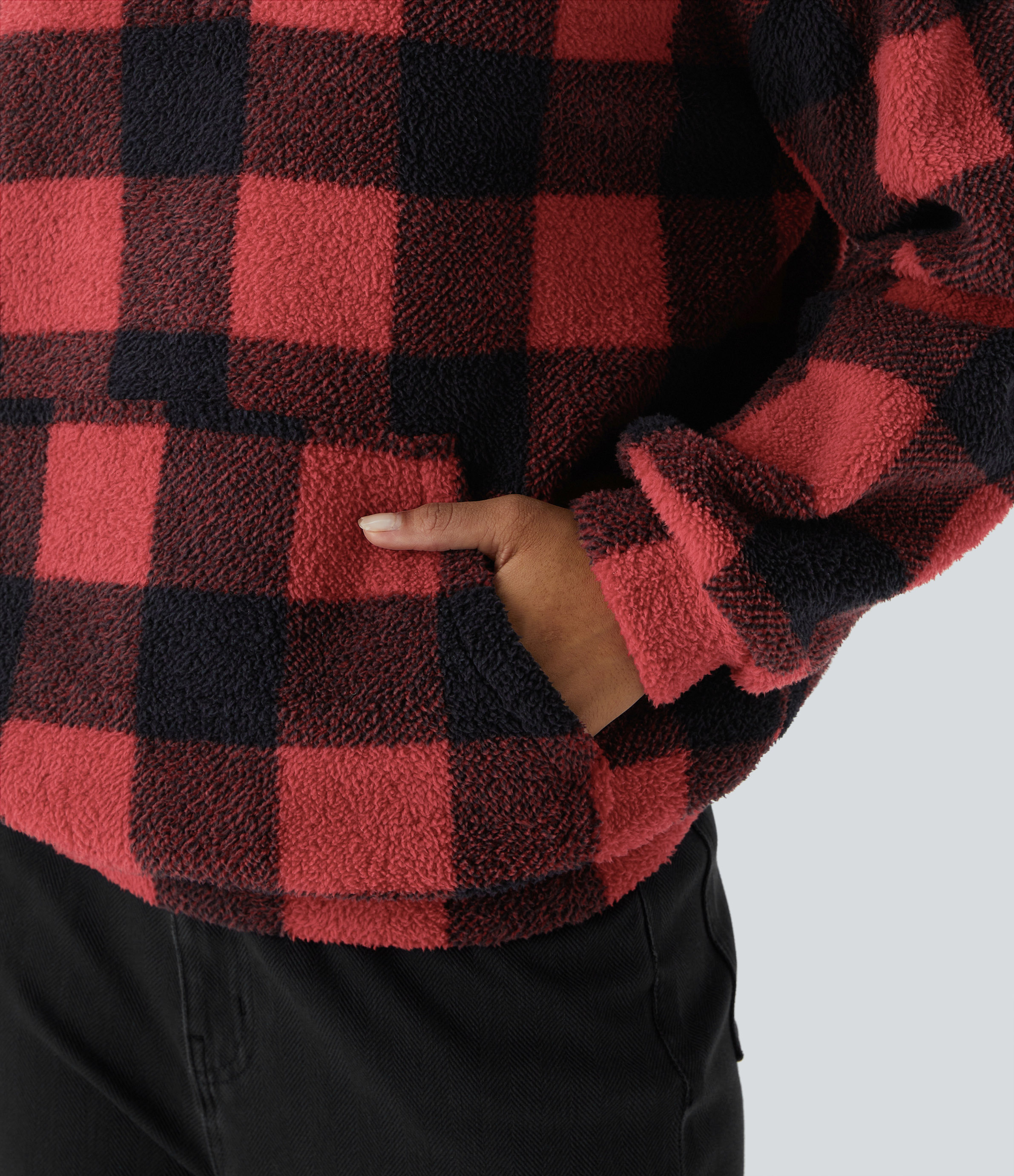 Halara Collared Half Zipper Dropped Shoulder Kangaroo Pocket Plaid Fleece Relaxed Casual Sweatshirt  - Falling Red Plaid - XS 