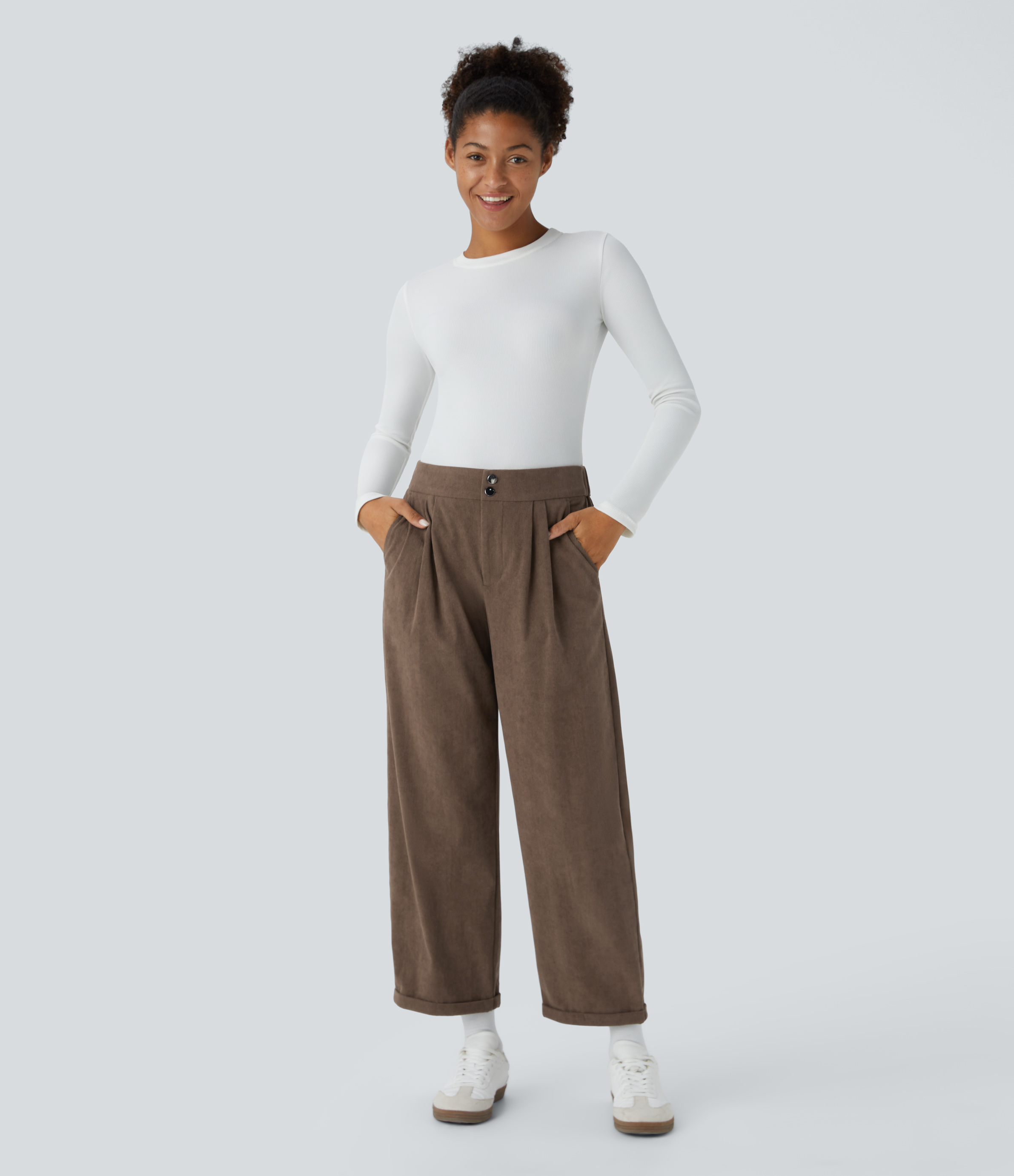 Halara Mid Rise Button Zipper Multiple Pockets Ankle Length Casual Corduroy Pants  - Camellia Brown - XL(regular) sweatpants jogger pants 
