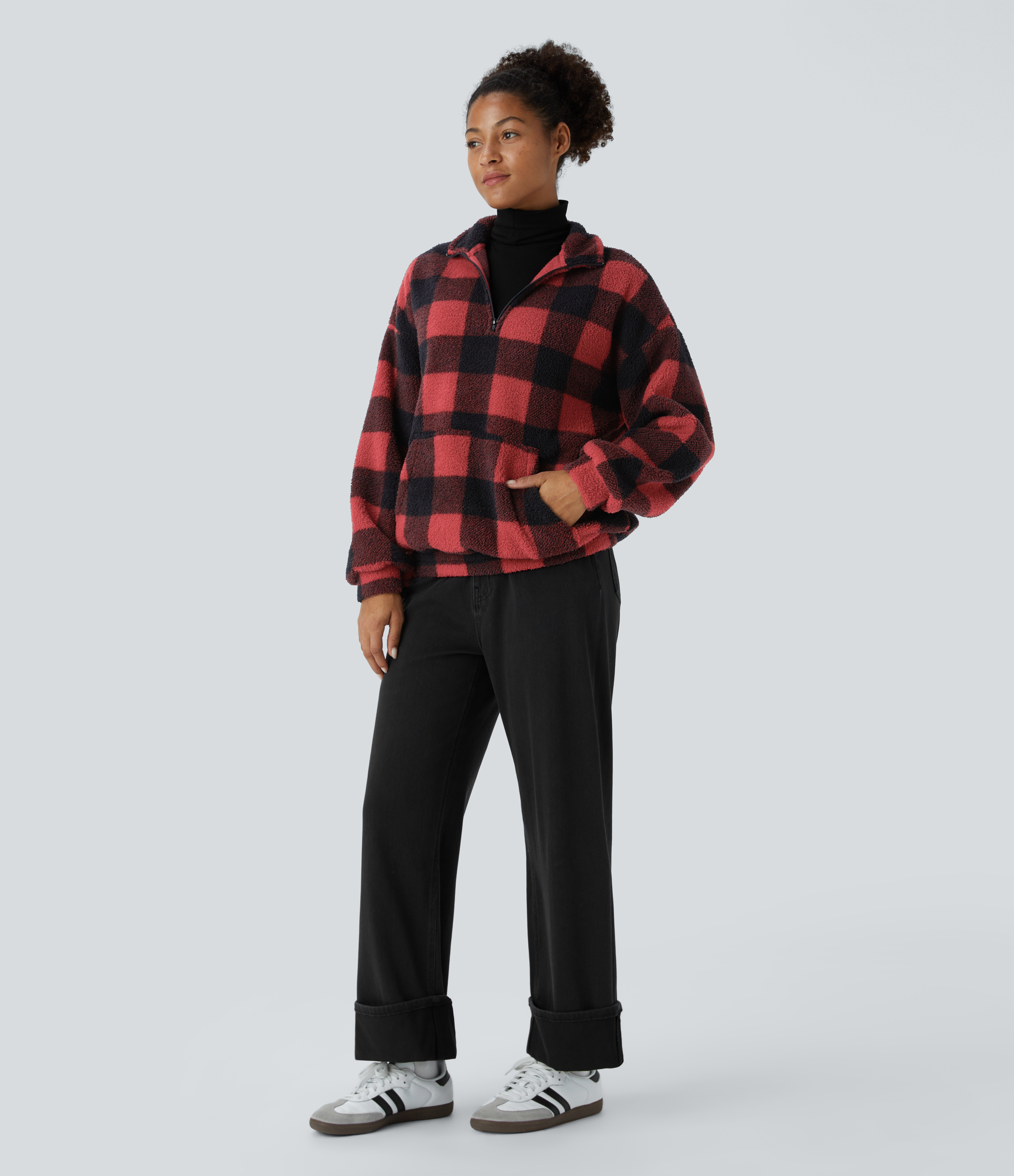 Halara Collared Half Zipper Dropped Shoulder Kangaroo Pocket Plaid Fleece Relaxed Casual Sweatshirt  - Falling Red Plaid - XS 
