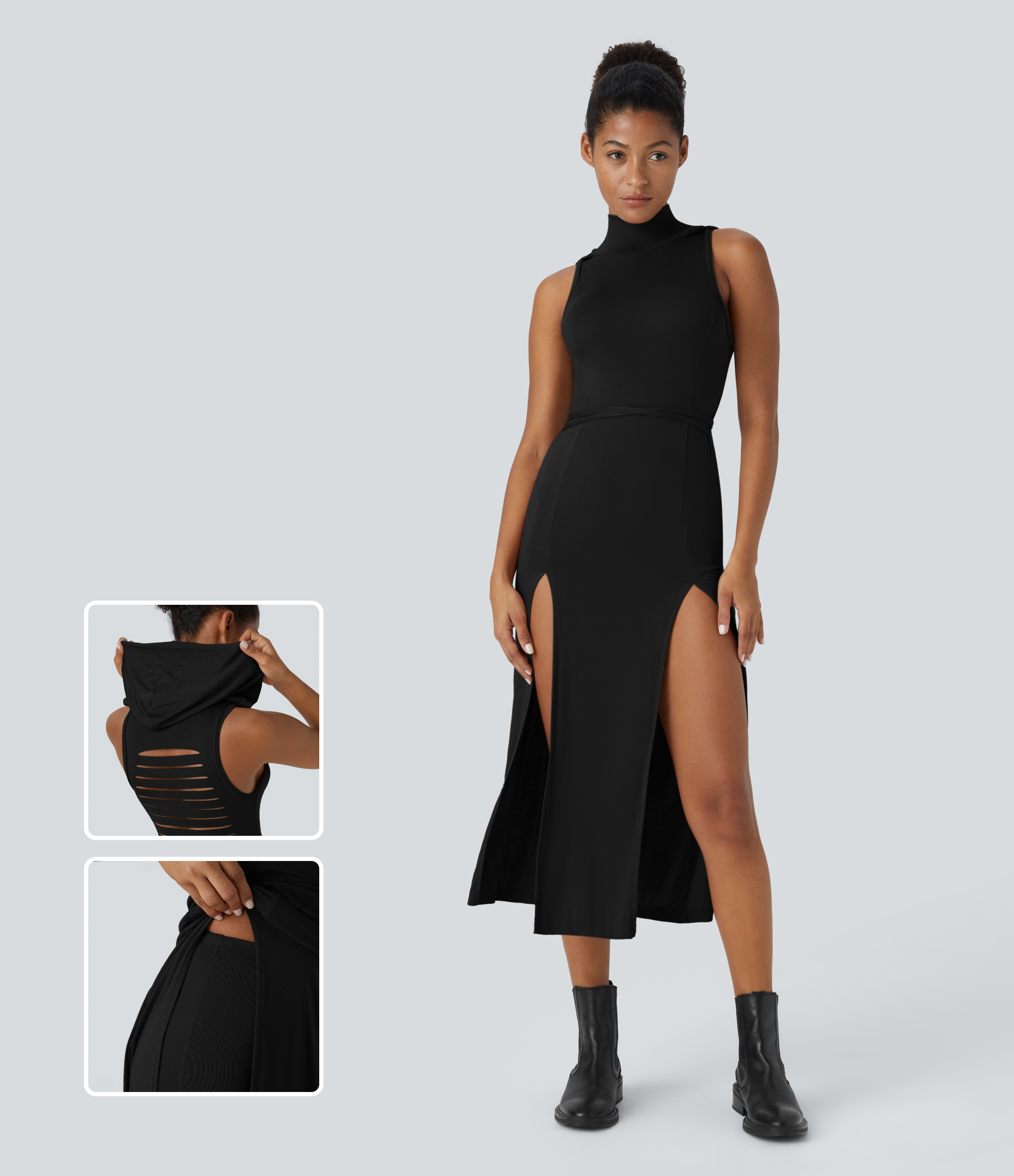 Ribbed Hooded High Neck Sleeveless Cut Out Tie Back 2-Piece Midi Casual Dress