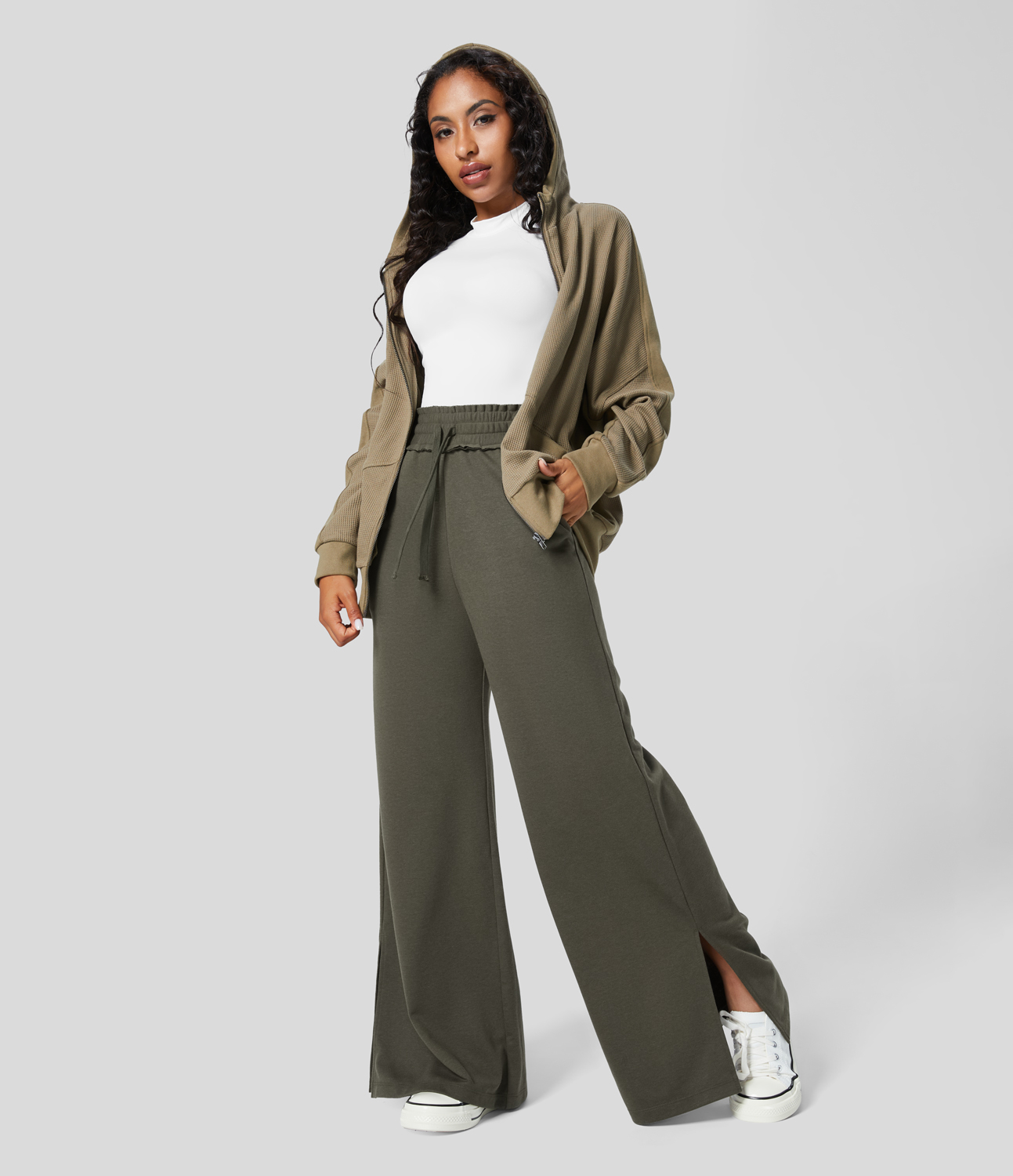 

Halara High Waisted Drawstring Side Pocket Split Hem Casual Wide Leg Cotton Sweatpants - Grape Leaf -  sweatpants jogger pants