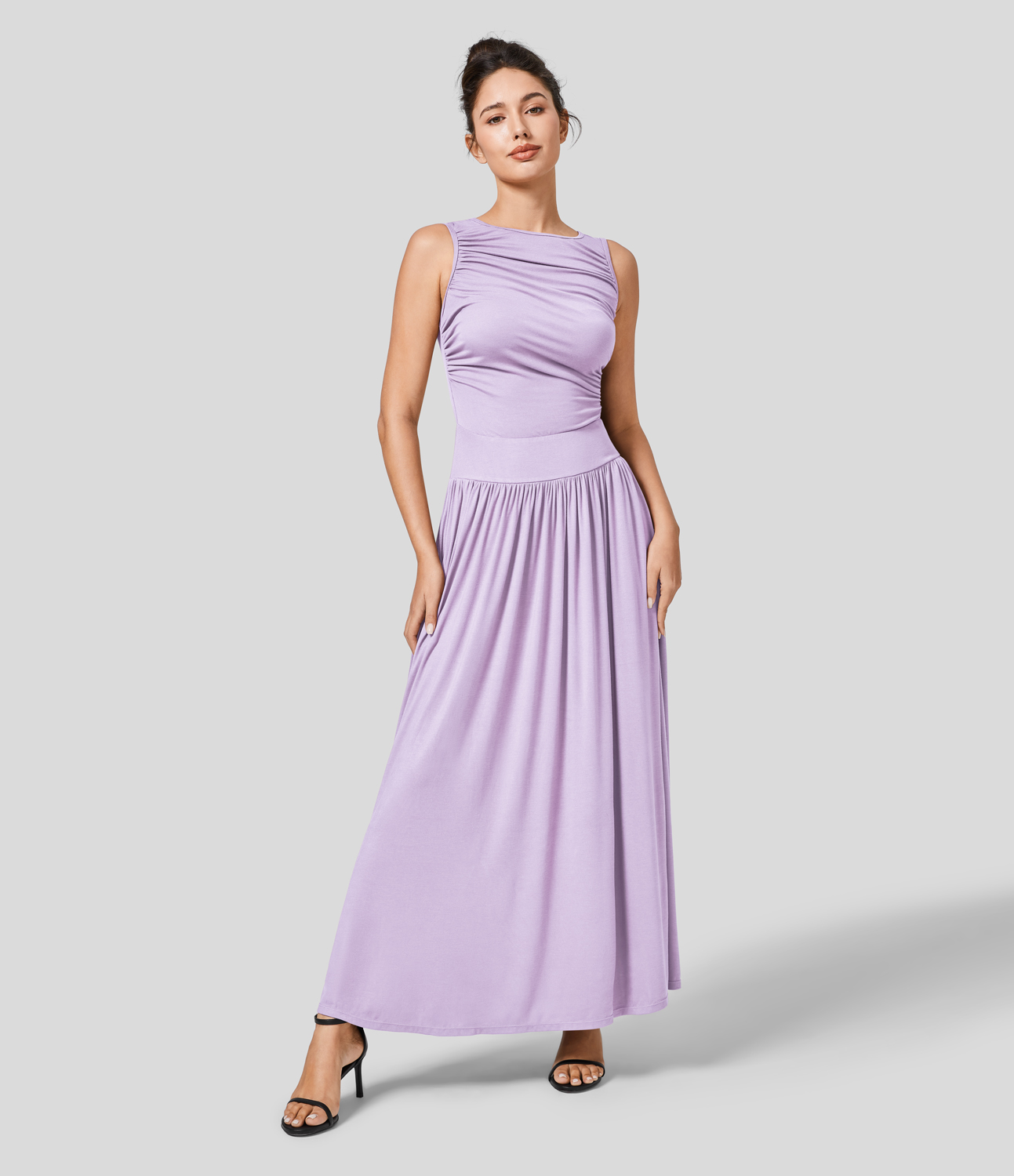 

Halara Ribbed Boat Neck Ruched Side Pocket Flowy Maxi Casual Dress Casual Dress - Misty Purple -  slip dress beach dress ruched dress