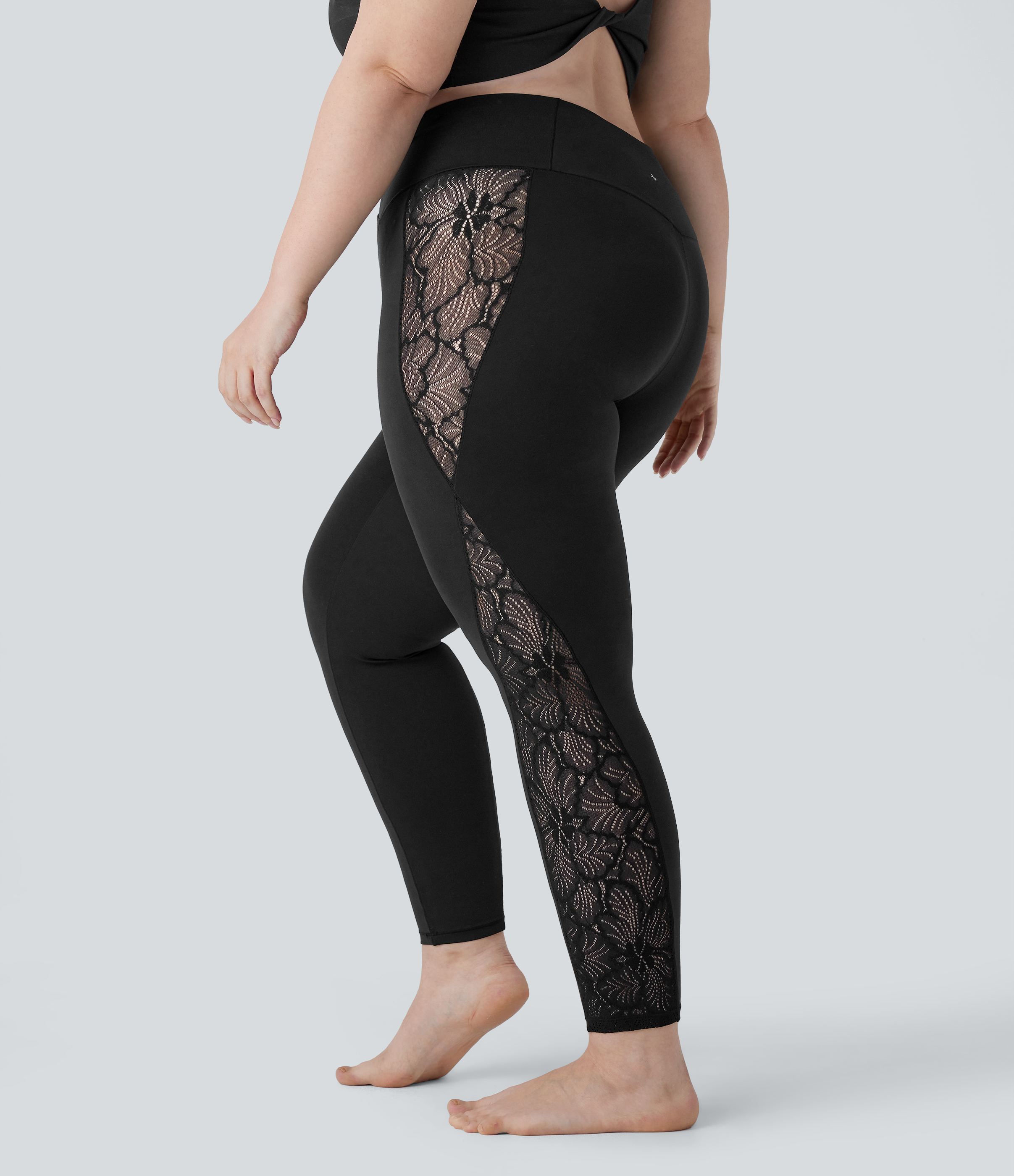 Negro Leggings Softlyzero™ yoga tiro alto bolsillo trasero encaje contrastante cruzado talla grande 7/8 - UPF 50+ / 2