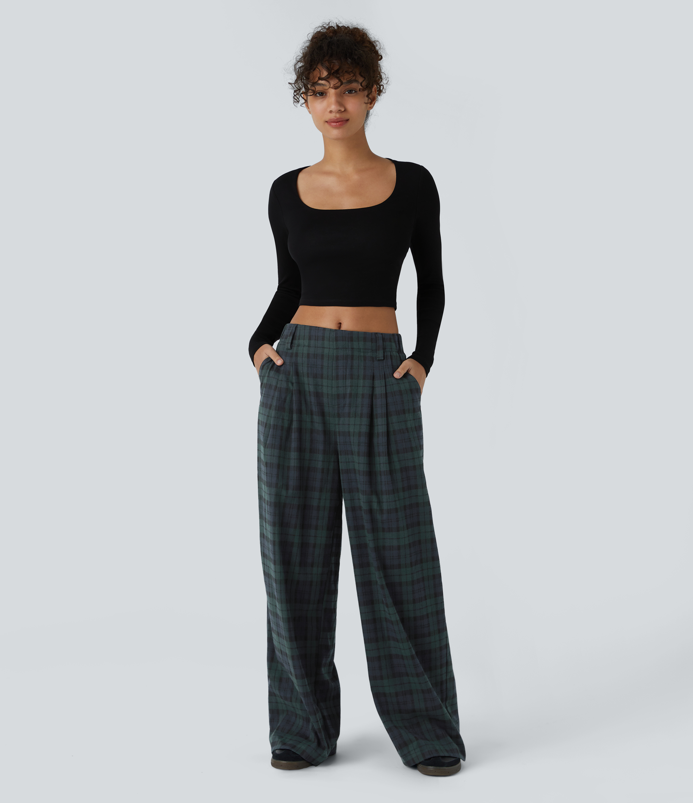 Halara High Waisted Plicated Side Pocket Plaid Wide Leg Casual Pants  - Blue Green Plaid - XL(regular) sweatpants jogger pants 