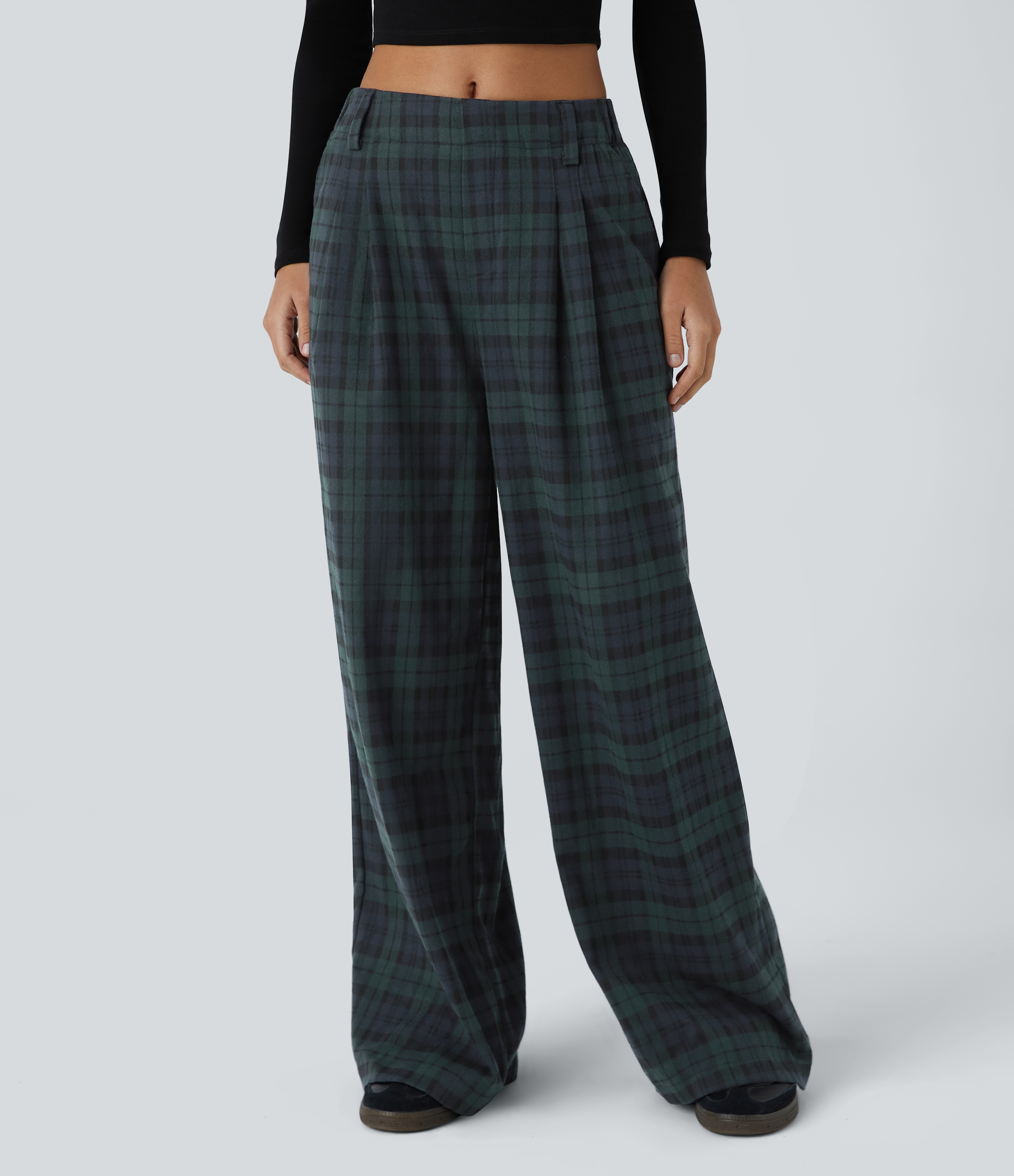 Halara High Waisted Plicated Side Pocket Plaid Wide Leg Casual Pants  - Blue Green Plaid - XL(regular) sweatpants jogger pants 