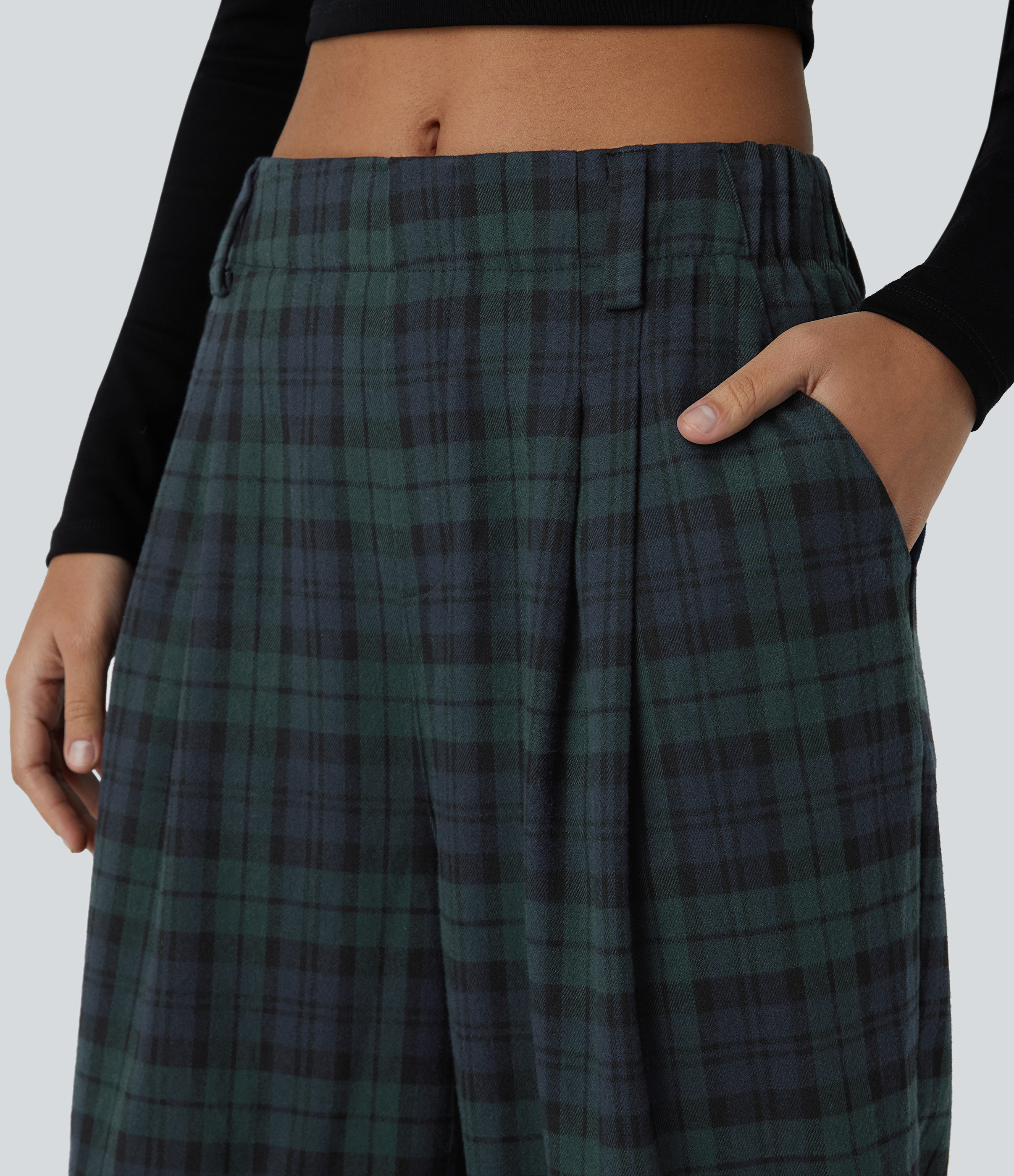 Halara High Waisted Plicated Side Pocket Plaid Wide Leg Casual Pants  - Blue Green Plaid - XL(regular) sweatpants jogger pants 