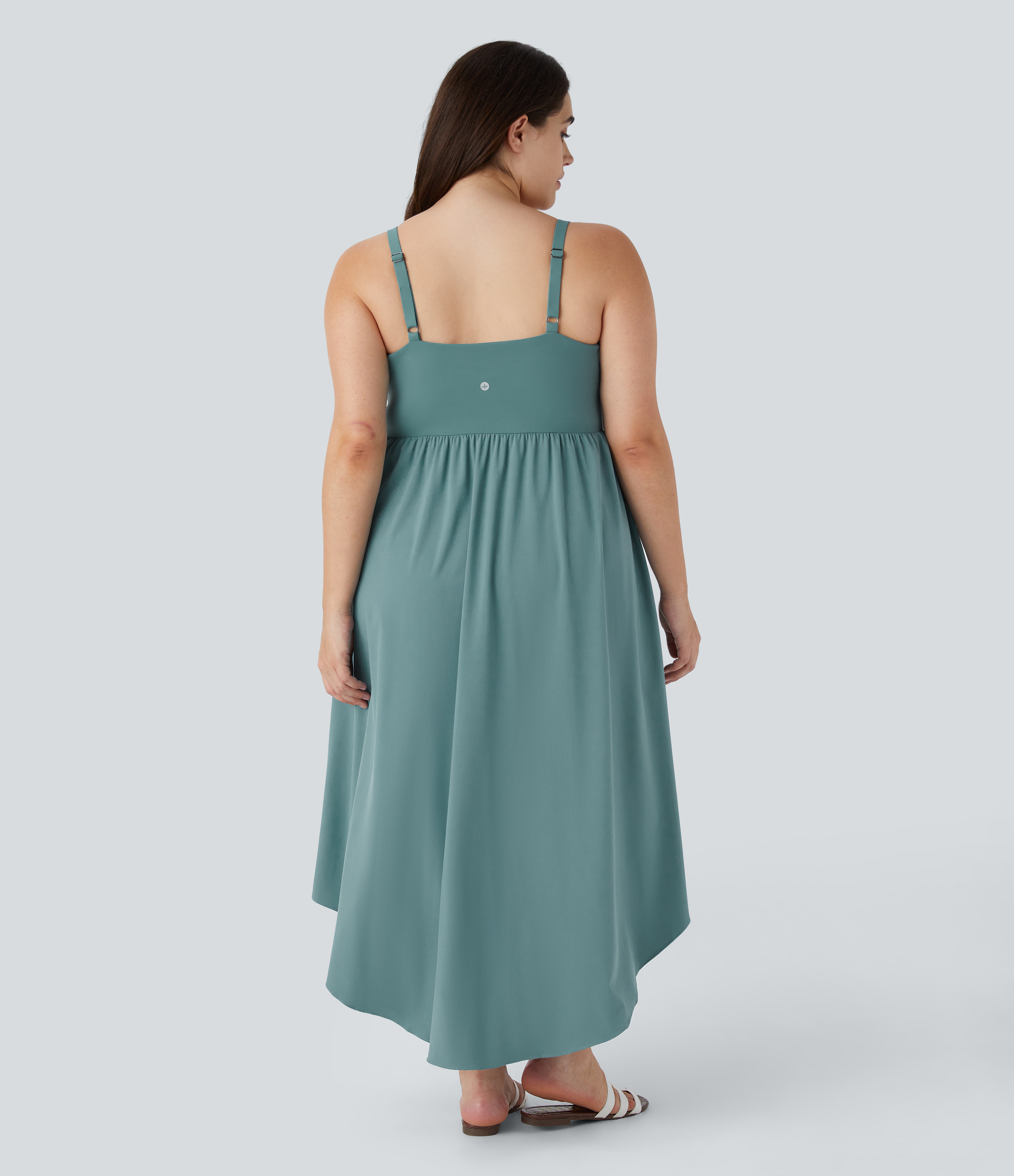 Stone Blue Vestido midi Breezeful™ fluido secado rápido talla grande dobladillo cruzado asimétrico sin espalda 2 piezas bolsillo lateral / 2