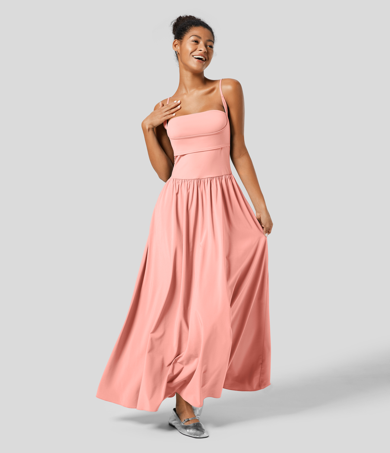 

Halara Breezefulв„ў Backless Side Pocket Plicated Flowy Flare Maxi Quick Dry Casual Slip Dress Casual Dress - Blossom -  slip dress