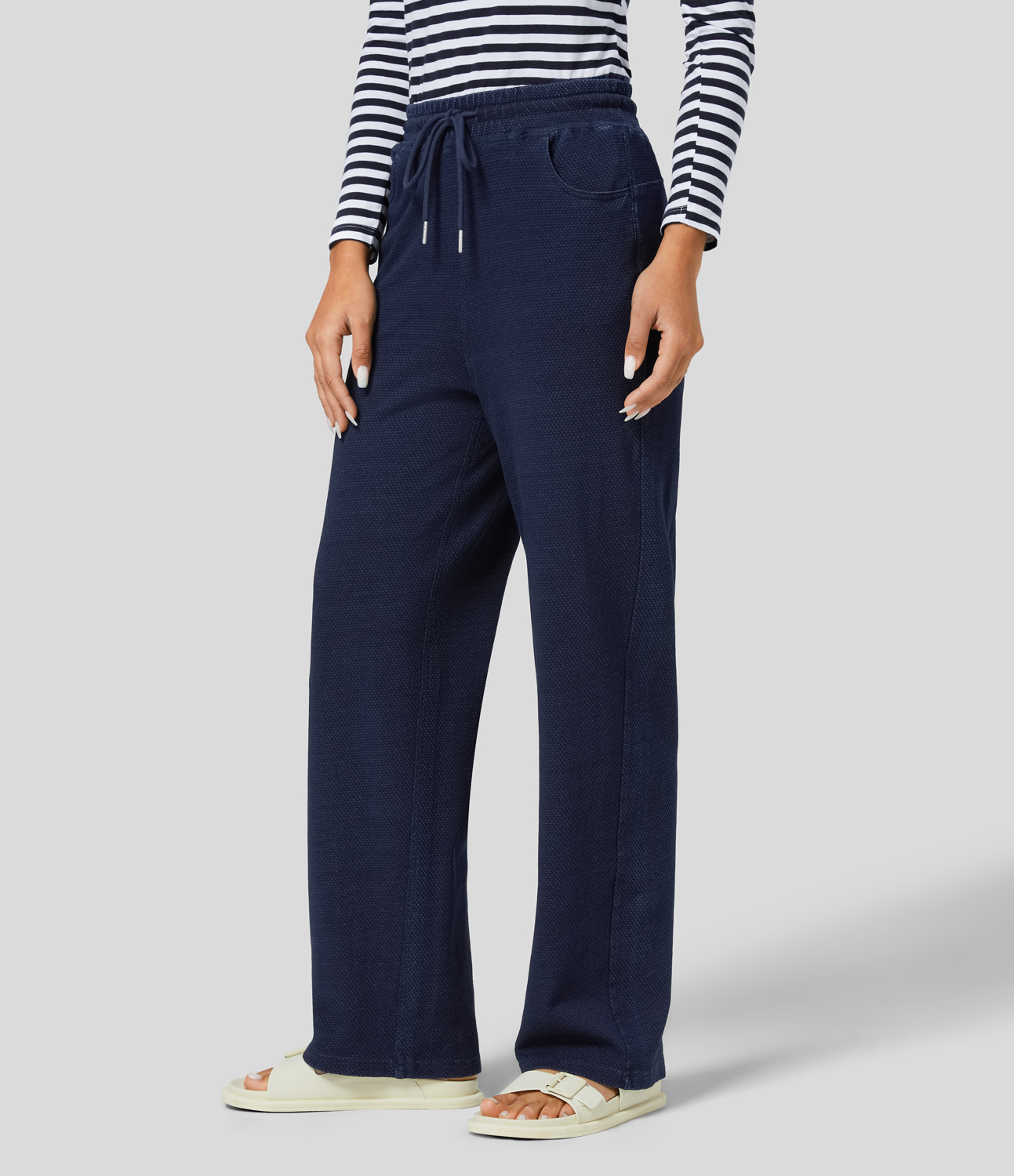 

Halara HalaraMagicв„ў High Waisted Drawstring Side Pocket Straight Leg Stretchy Knit Casual Jeans - Blue Waffle Denim