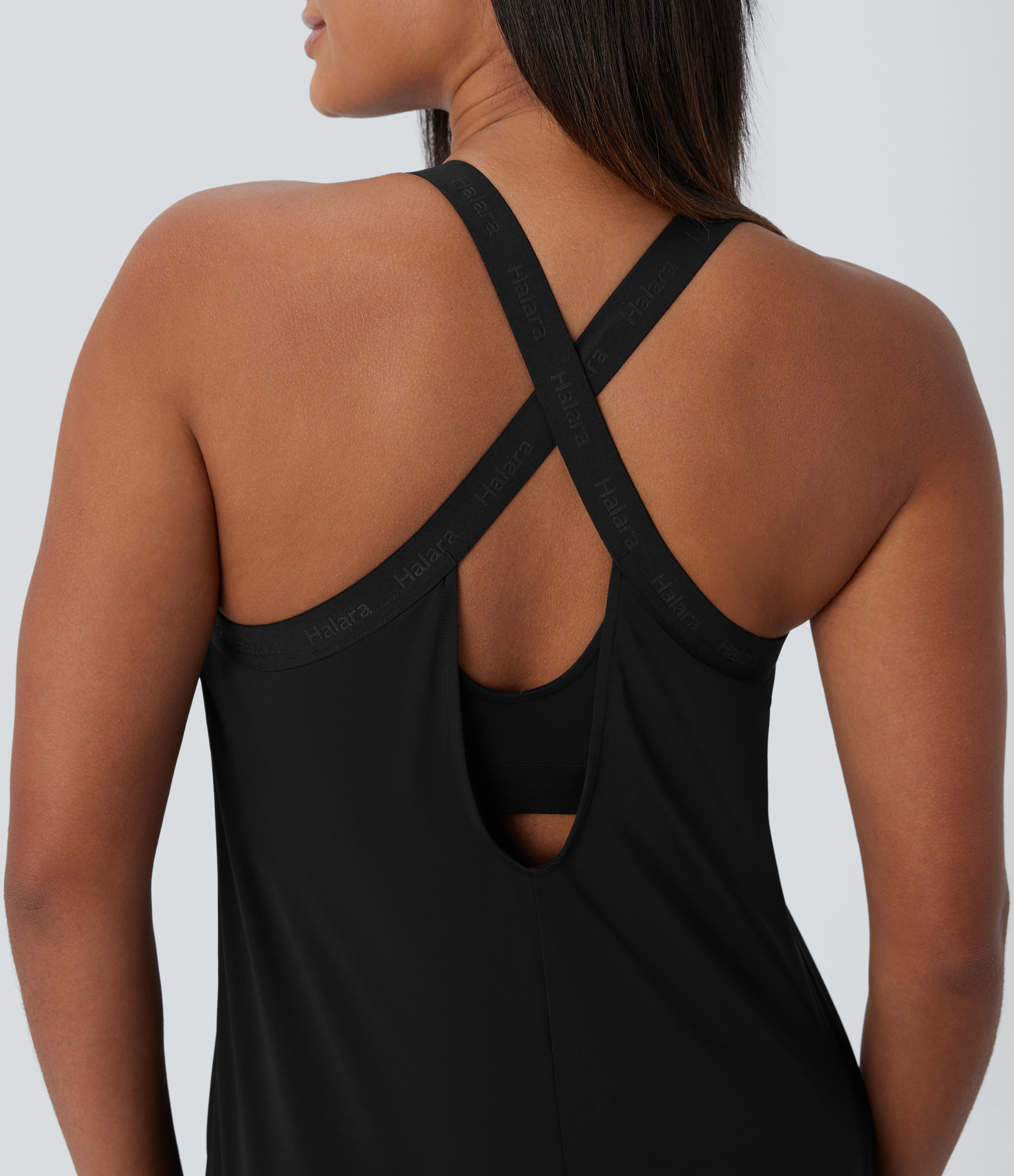 Halara U Neck Backless Crisscross Curved Hem Cool Touch Yoga Tank Top Tank Top - Black - L golf tops halter top tunic tops sleeveless tops 