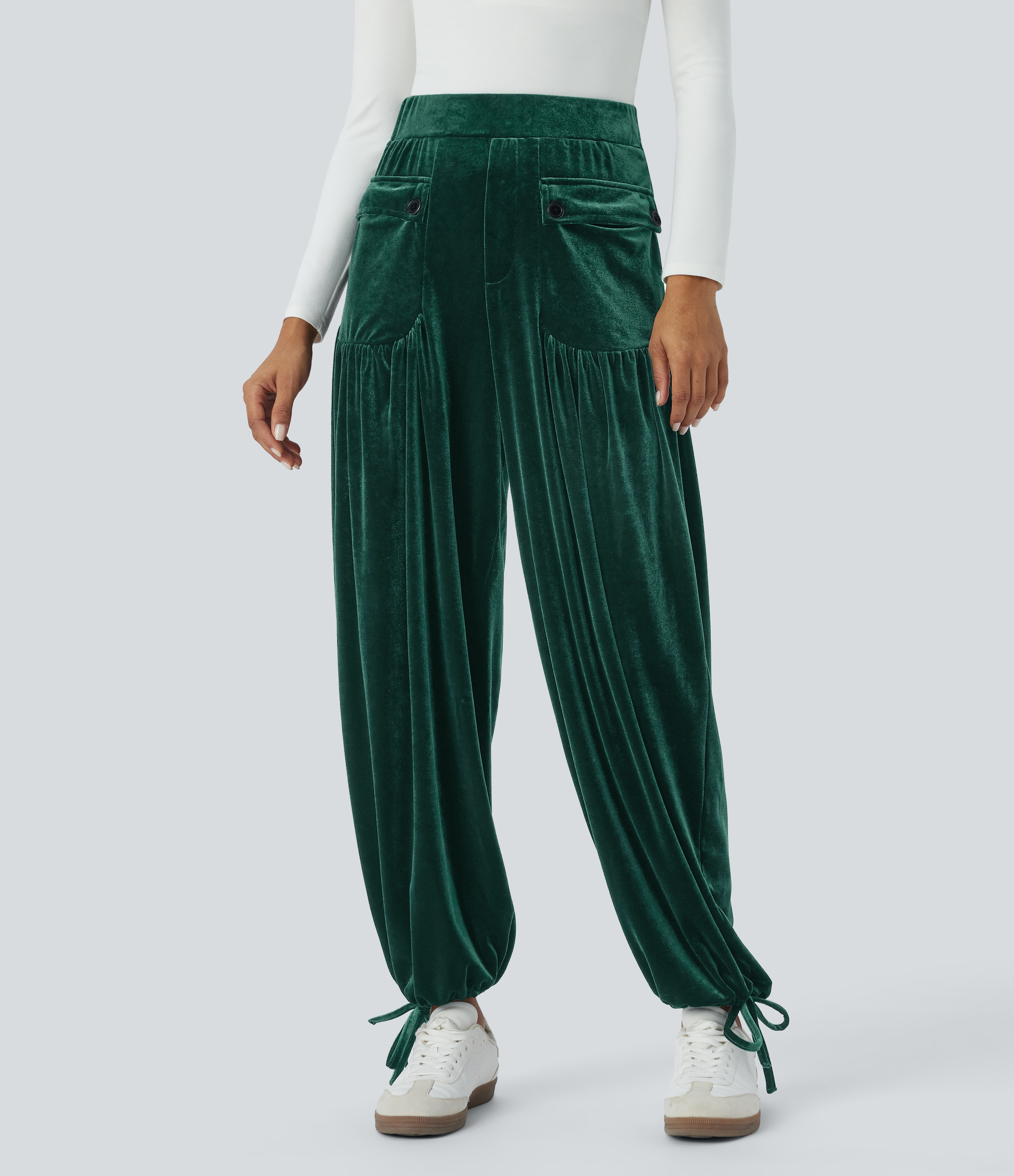 Halara High Waisted Front Side Pocket Plicated Adjustable Hem Velvet Casual Joggers  - Rain Forest - L(regular) 