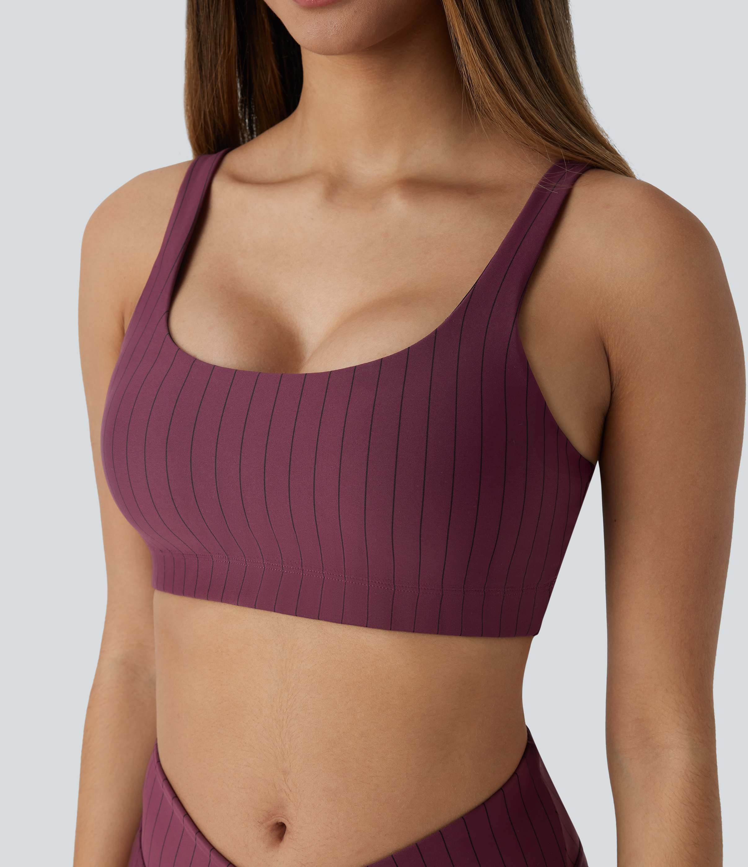 Halara Low Support U Neck Backless Stripe Cool Touch Yoga Sports Bra  - Wine Red and Black Stripe - S push up bra strapless bra backless bra 