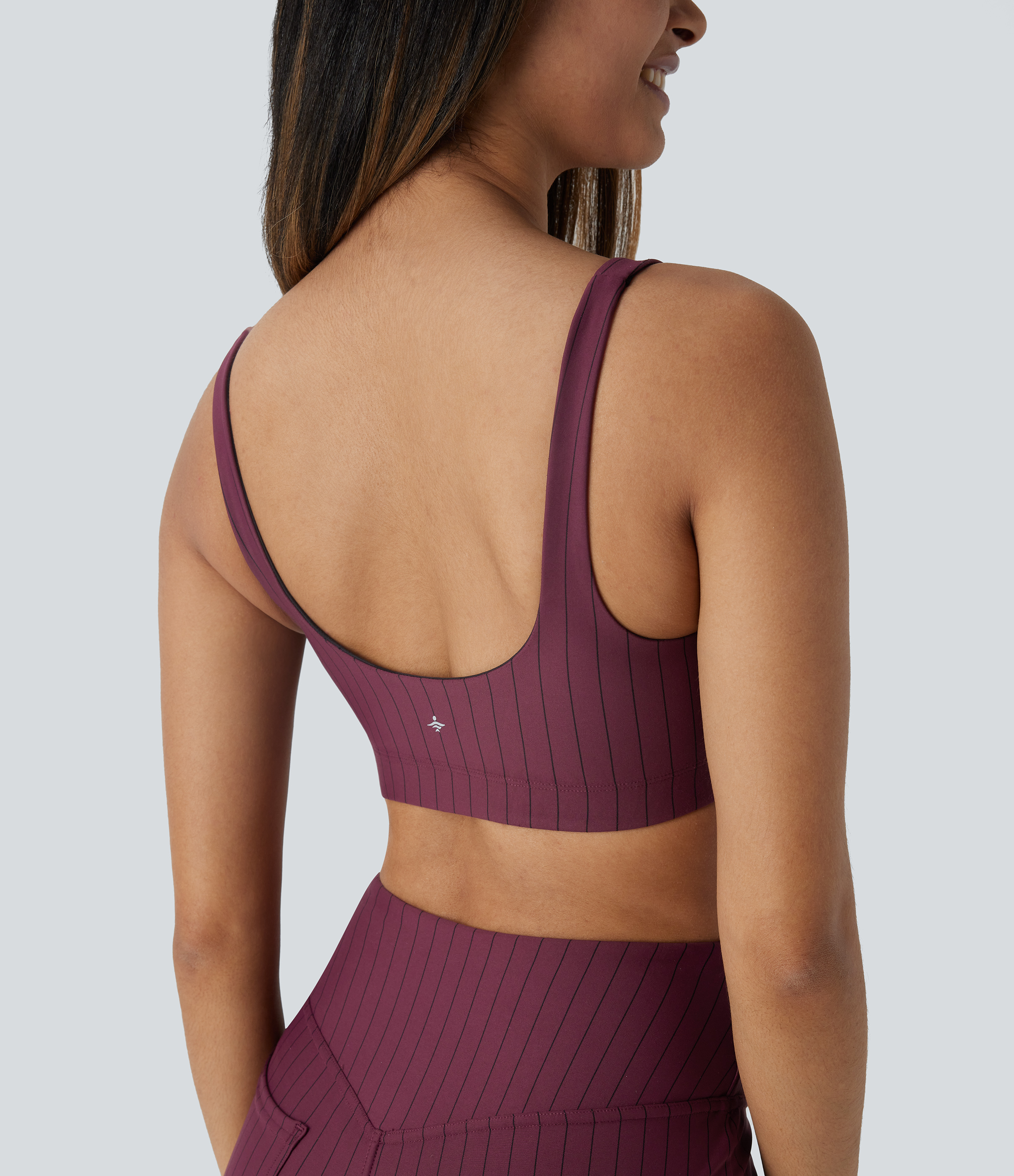 Halara Low Support U Neck Backless Stripe Cool Touch Yoga Sports Bra  - Wine Red and Black Stripe - S push up bra strapless bra backless bra 