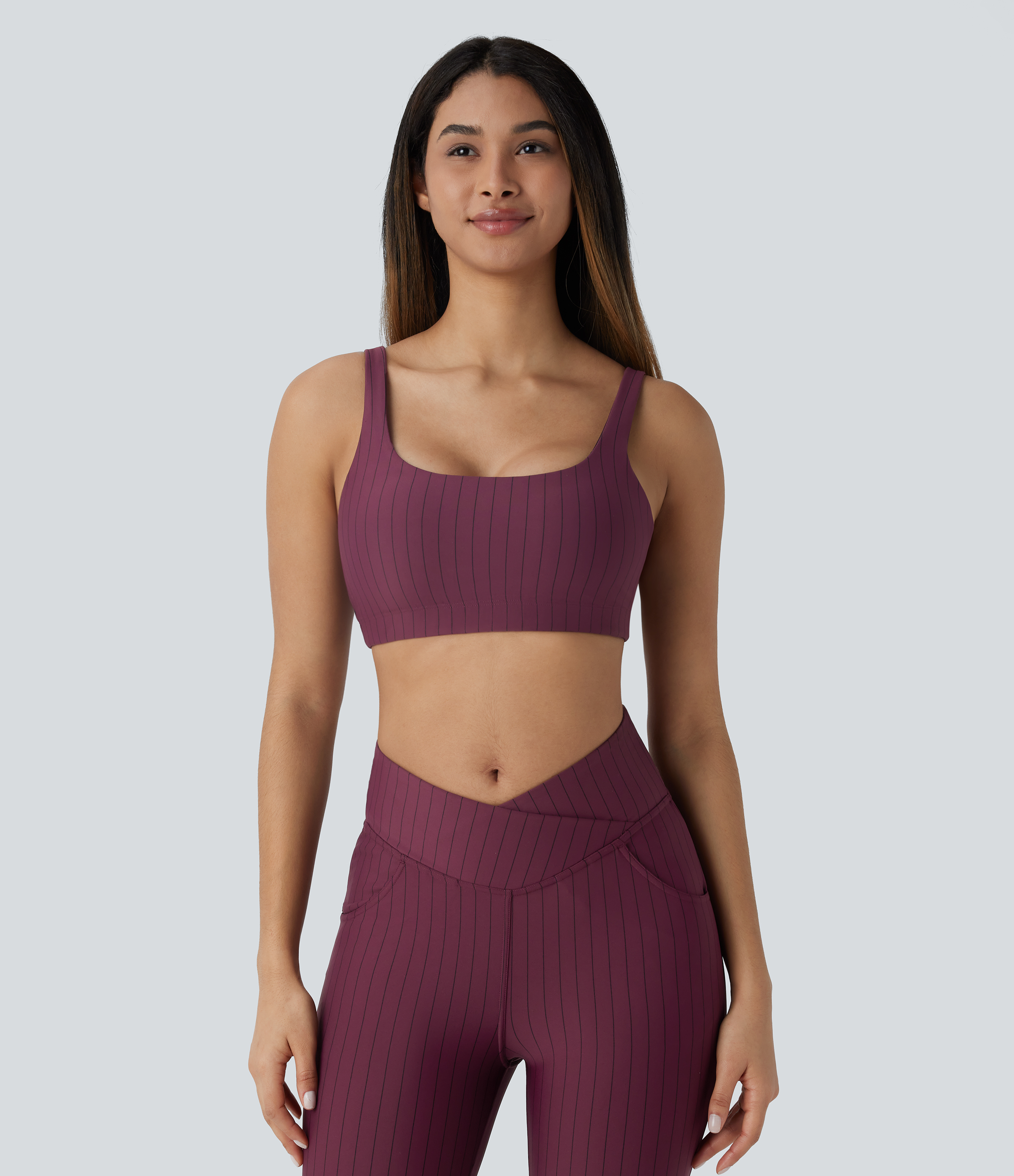 Halara Low Support U Neck Backless Stripe Cool Touch Yoga Sports Bra  - Wine Red and Black Stripe - S push up bra strapless bra backless bra 